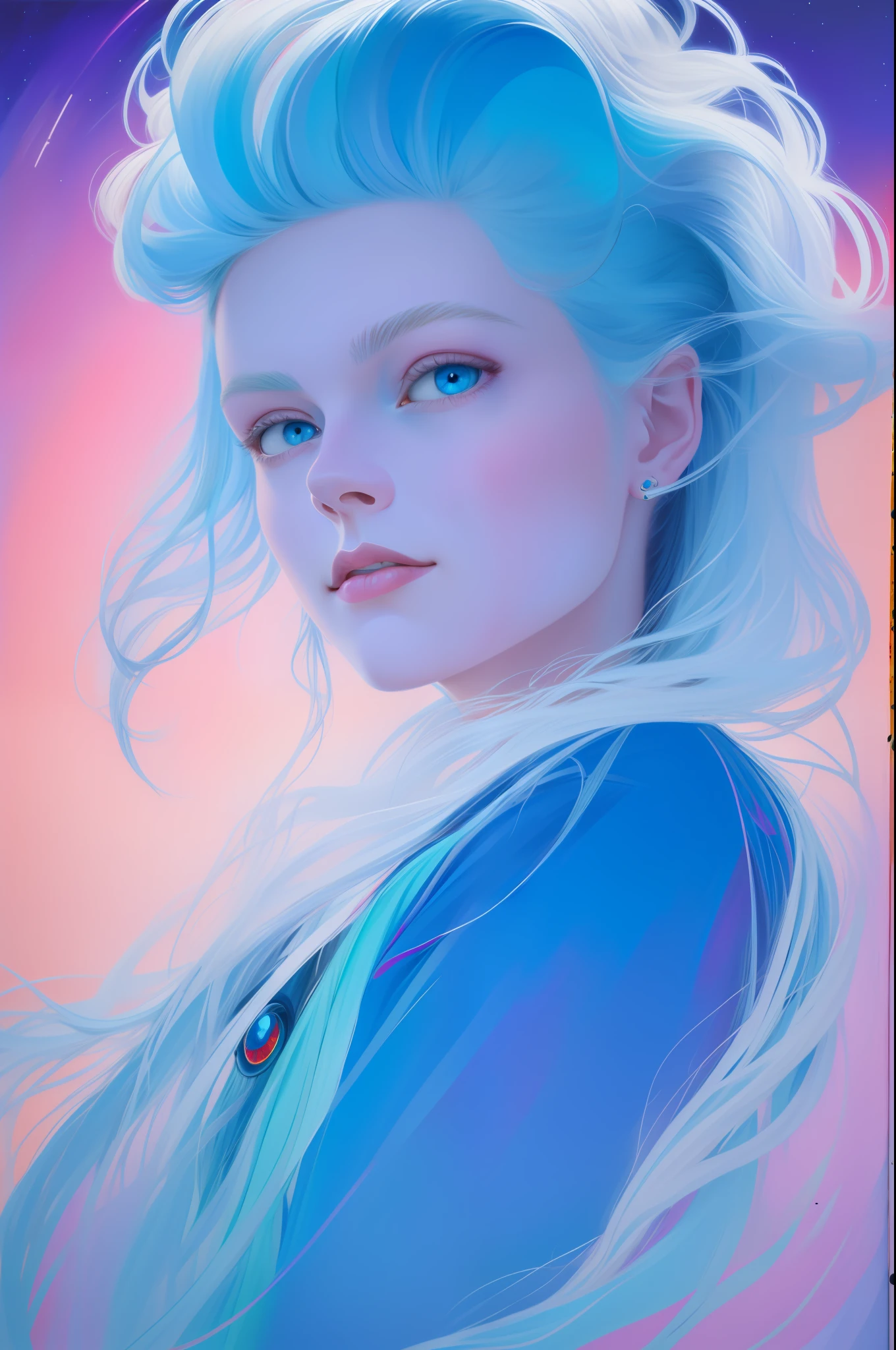 _james jean,1990s \(style\), 1girl, blue eyes, epaulettes, hair over one eye, long hair, art focus, painting \(medium\), retro artstyle, solo, traditional media, wavy hair, white hair, | beautiful night sky | photo manipulation| beautiful composition, contemporary impressionism, yanjun cheng portrait painting, iridescent painting, 3/4 perspective view, cute face, low angle, (the most beautiful portrait in the world:1.5), UHD, HDR, 8K, (Masterpiece:1. 5), dark theme