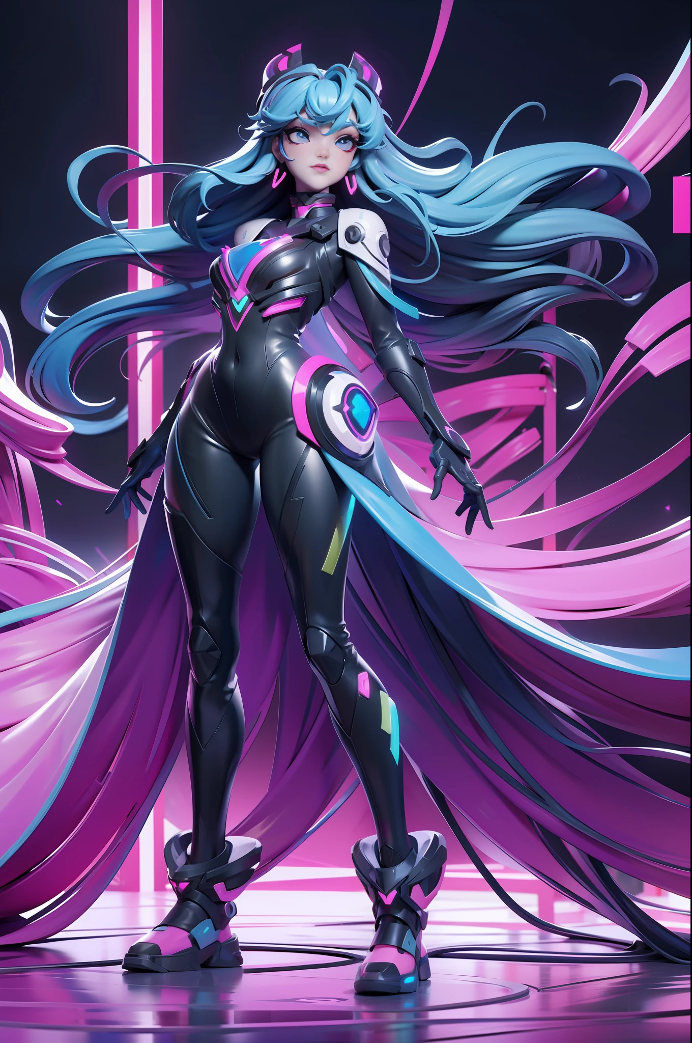 full body picture Unreal Engine 5 8K UHD of beautiful women, sapphire long wavy hair, wearing evangelion plug suit, half face cyberpunk mask, futuristic neck collar, beauty makeup, azure neon light details, best quality, masterpiece