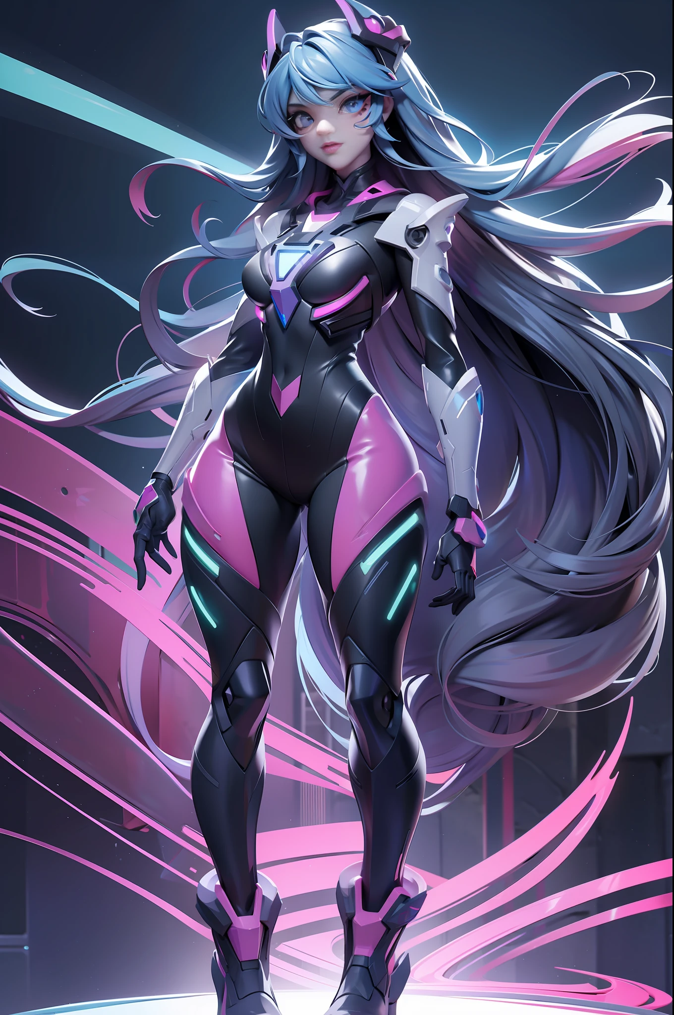 full body picture Unreal Engine 5 8K UHD of beautiful women, sapphire long wavy hair, wearing evangelion plug suit, half face cyberpunk mask, futuristic neck collar, beauty makeup, azure neon light details, best quality, masterpiece