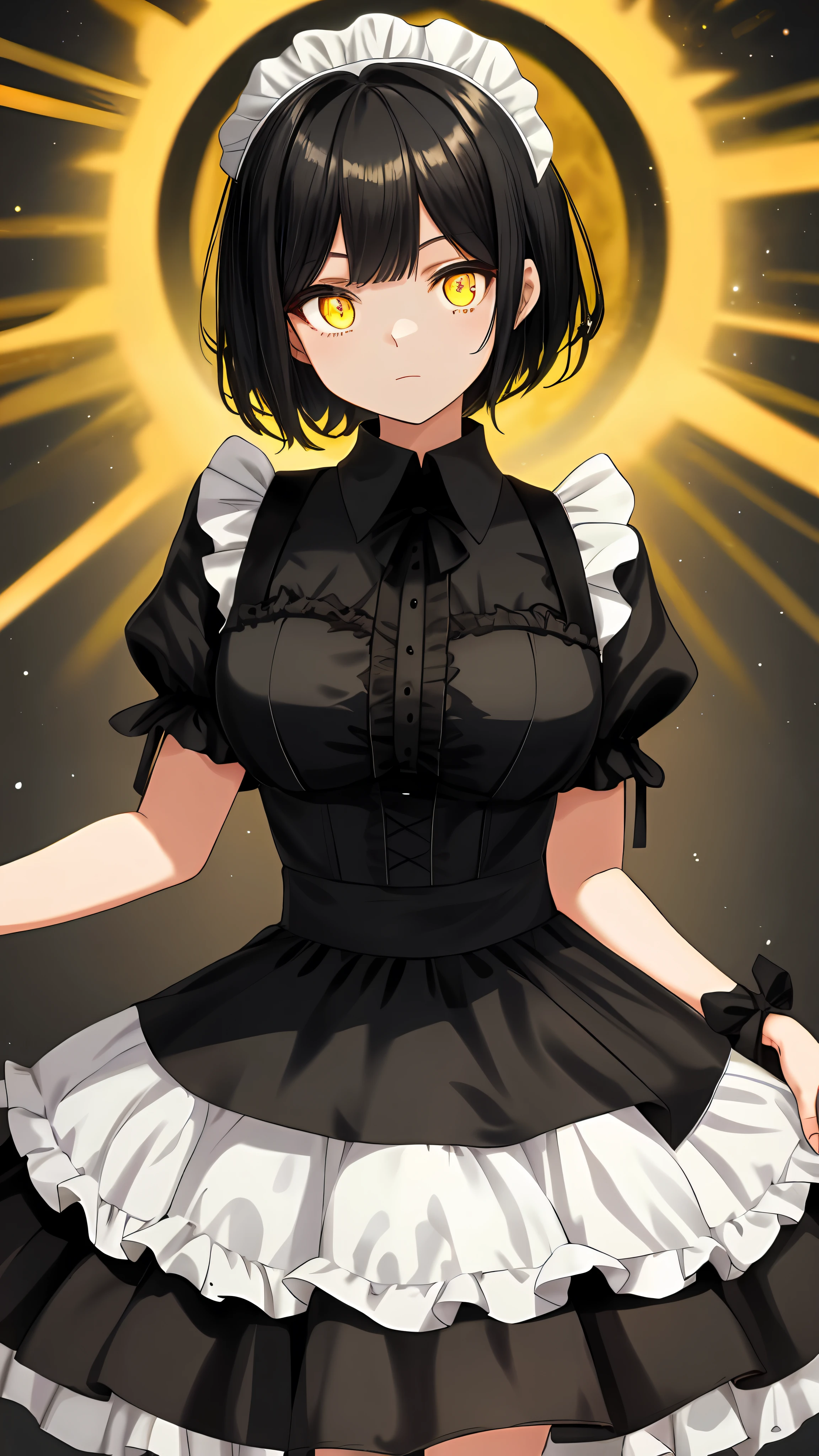 Yellow eyes, black hair, maid dress, 1girl, large breasts, light Expression, 1girl, short hair, arms behind back, hand out of frame