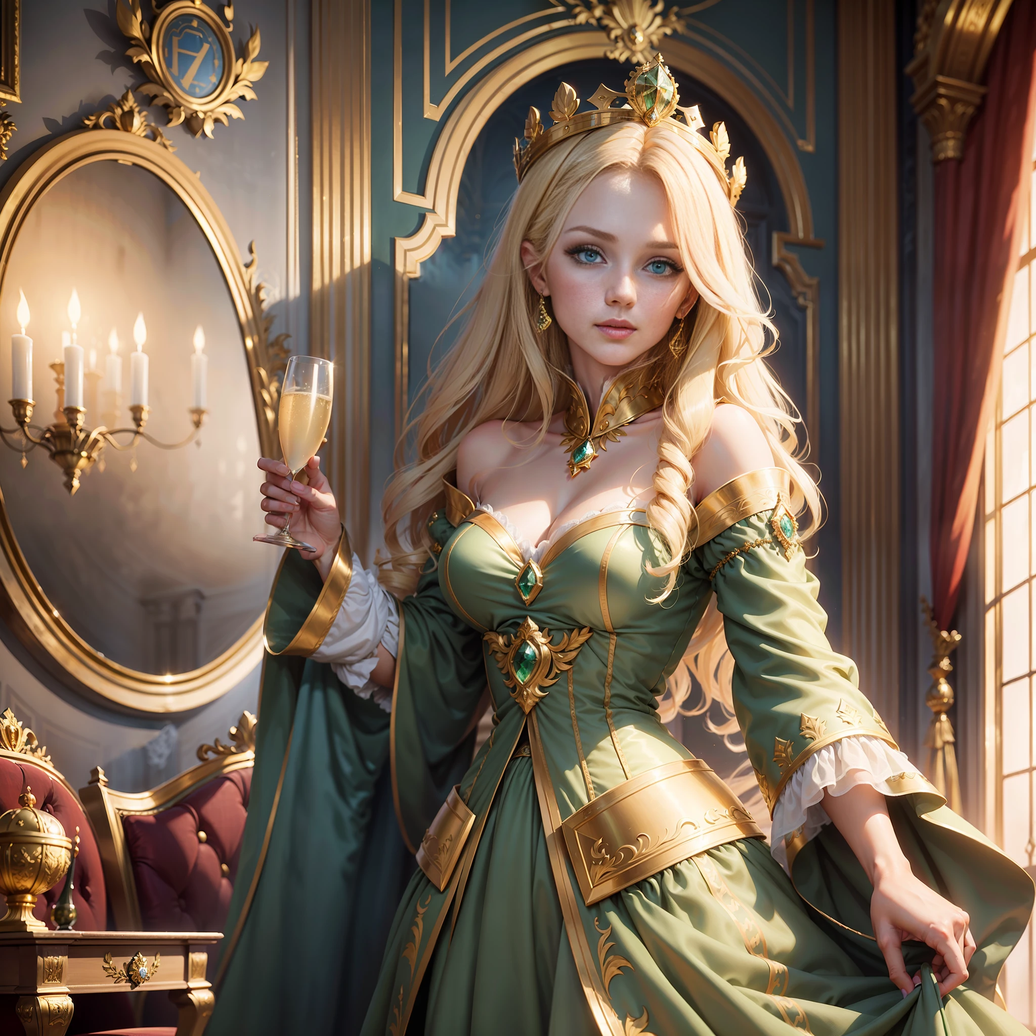 1 girl, (25 years old), blond hair, green eyes, (perfect European noble face: 1.1), (maximum picture quality: 1.1), (perfect figure: 1.1), royal clothes, royal regalia, golden crown, inside the palace, masterpiece, gold closed dress, richly decorated living room, glass of champagne.