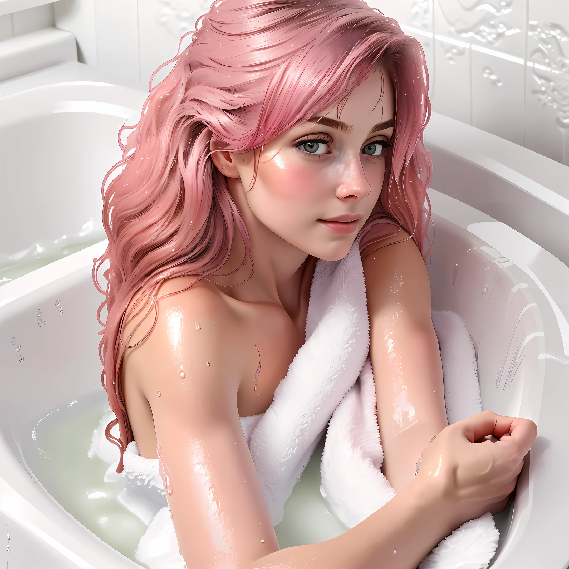 (8K, Best Quality, Masterpiece:1.2), (Realistic, Photo-Realistic:1.37), Super Detailed, Soft Light, 1 Girl, Cute, Solo, Beautiful Detailed Sky, Detailed Bathroom, Open Window, Blushing, Pink Cheeks, (Shy Face: 1.15), (Shut Up) , Small Breasts, Beautiful Delicate Eyes, Beautiful Delicate Nose, Rain, (Medium Hair: 1.5), NovaFrogStyle, visible, (pink hair), squinted eyes, thin eyebrows, mature face, ((towel slipping, wet skin, wet hair, wet face, messy hair)), ((lying in the bathtub, open arms position, hands grasp the side of the bathtub))),
