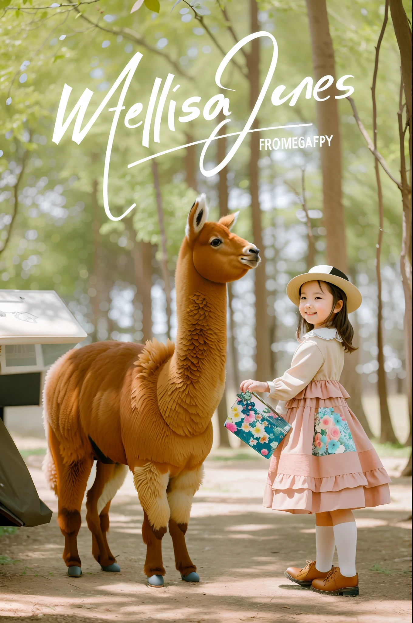 araffe and a  girl standing in a forest with a llama, photoshoot, alpaca, cute and lovely, national geographic photoshoot, real dlsr photography, cute photograph, cover shot, whimsy, cute:2, fantasy photoshoot, photo session, official fanart, zoo photography, 🤠 using a 🖥, 🐎🍑, photo taken with canon 5d