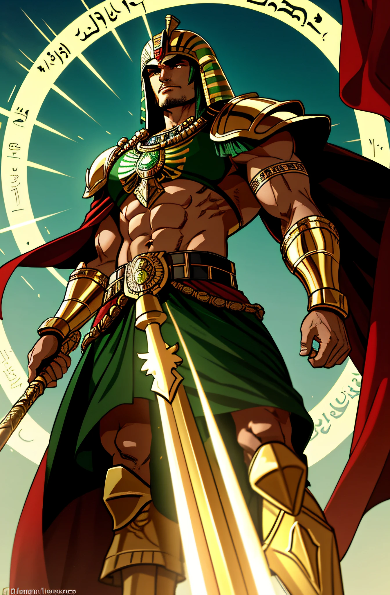 Certainly! Here's a prompt that highlights the bravery and muscular appearance of Horus, the Egyptian god, wearing a red and green outfit:

"Horus, the warrior god of Ancient Egypt, appears before the admiring eyes. Dressed in imposing armor, his robes display a magnificent contrast of colors. An intense red robe wraps around his muscular body, symbolizing his indomitable bravery and passion for battle. The gleaming armor, in shades of deep green, underscores your connection to nature and renewal.

Every muscle carved into Horus' body is visible, as testimony to his divine strength. His broad and powerful chest conveys courage and tenacity, while his robust arms demonstrate unparalleled skill with weapons of war. The muscular legs are symbols of your agility and endurance in battle.

While his helmet adorned with falcon feathers gleam, Horus' piercing eyes shine with influence and strategy. In his strong hands, he wields a sharp spear, ready to defend his kingdom and defeat any opponent who dares to challenge him.

Horus' majestic presence, combined with his red and green clothing, highlights his courage and muscular appearance, revealing him as a fearsome warrior and a symbol of protection and justice."