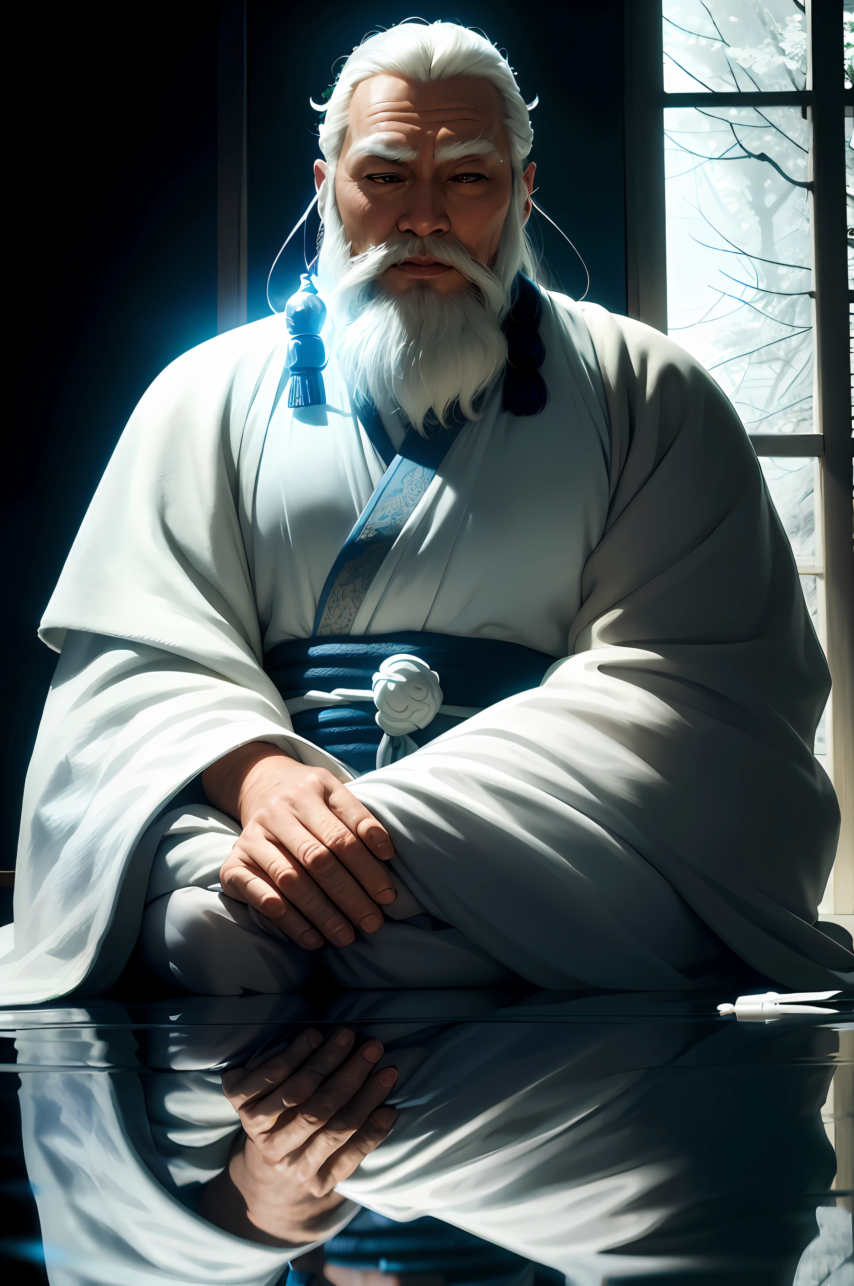 arafed man in a white robe sitting on a table with a blue ribbon, taoist priest, taoist master, white daoist robes, onmyoji portrait, ancient japanese monk, daoist, inspired by Hu Zaobin, old jedi master, samurai portrait photo, stoic pose, inspired by Wu Daozi, wearing a long flowing robe