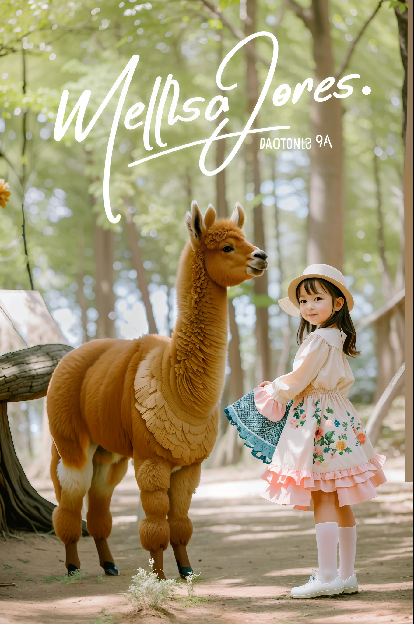 araffe and a little girl standing in a forest with a llama, photoshoot, alpaca, cute and lovely, national geographic photoshoot, real dlsr photography, cute photograph, cover shot, whimsy, cute:2, fantasy photoshoot, photo session, official fanart, zoo photography, 🤠 using a 🖥, 🐎🍑, photo taken with canon 5d