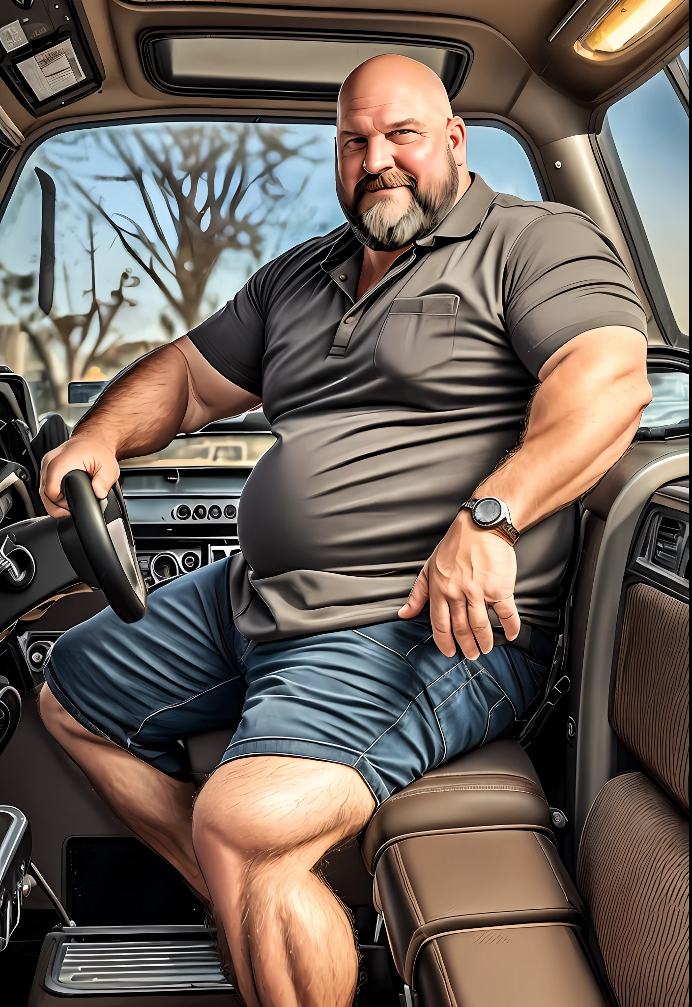 A portrait full body photograph A charming mid age heavy trucker-driver, bald showing very hairy groin area, hairy big belly bodybuilder, Realistic, Dynamic Lights, Old, Stubble, Full Shot, Trends on ArtStation, Trends on CGSociety, High Detail, Sharp Focus, Dramatic, Photorealistic Reality --auto --s2