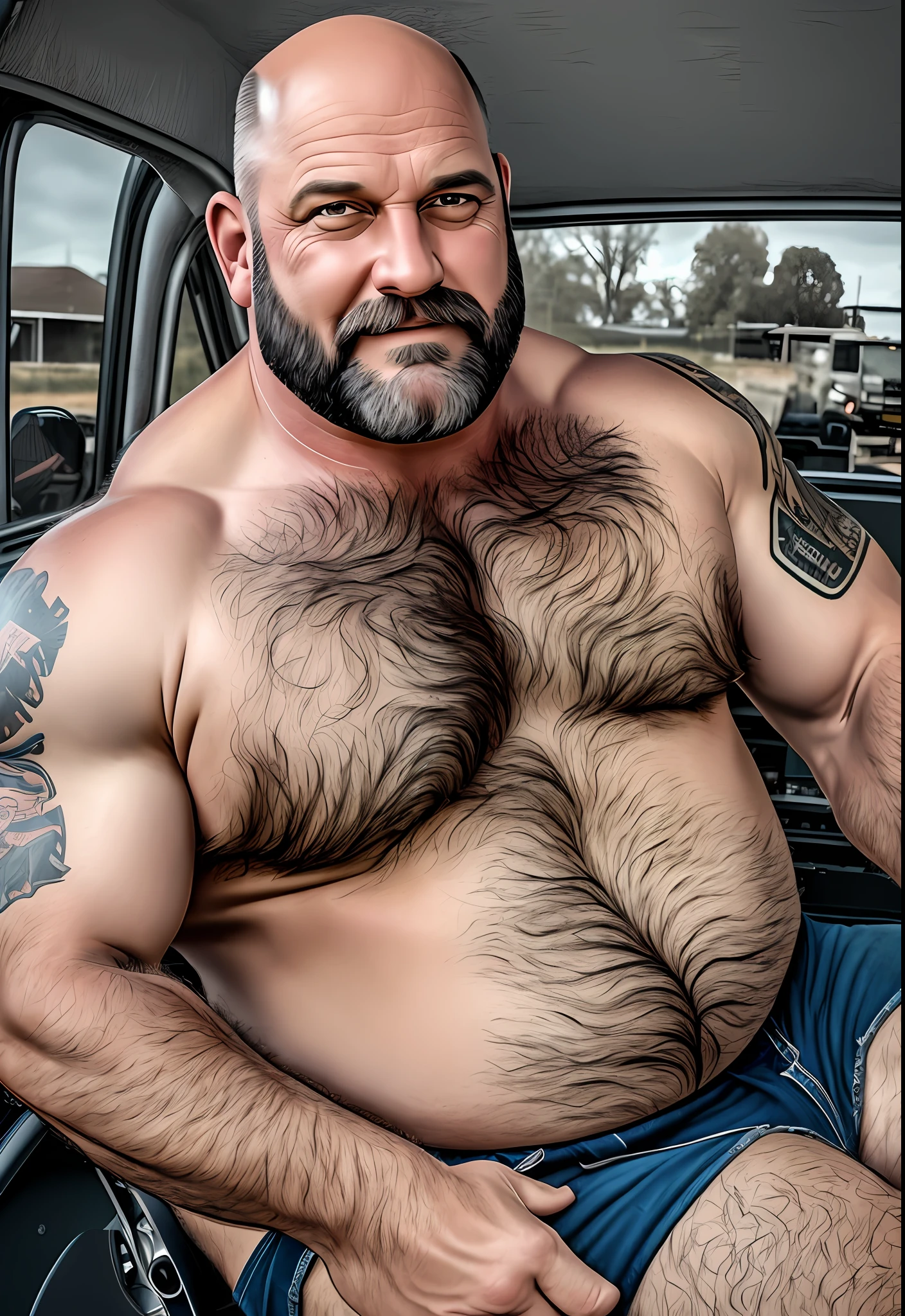 A portrait full body photograph A charming mid age heavy trucker-driver, bald showing very hairy groin area, hairy big belly bodybuilder, Realistic, Dynamic Lights, Old, Stubble, Full Shot, Trends on ArtStation, Trends on CGSociety, High Detail, Sharp Focus, Dramatic, Photorealistic Reality --auto --s2
