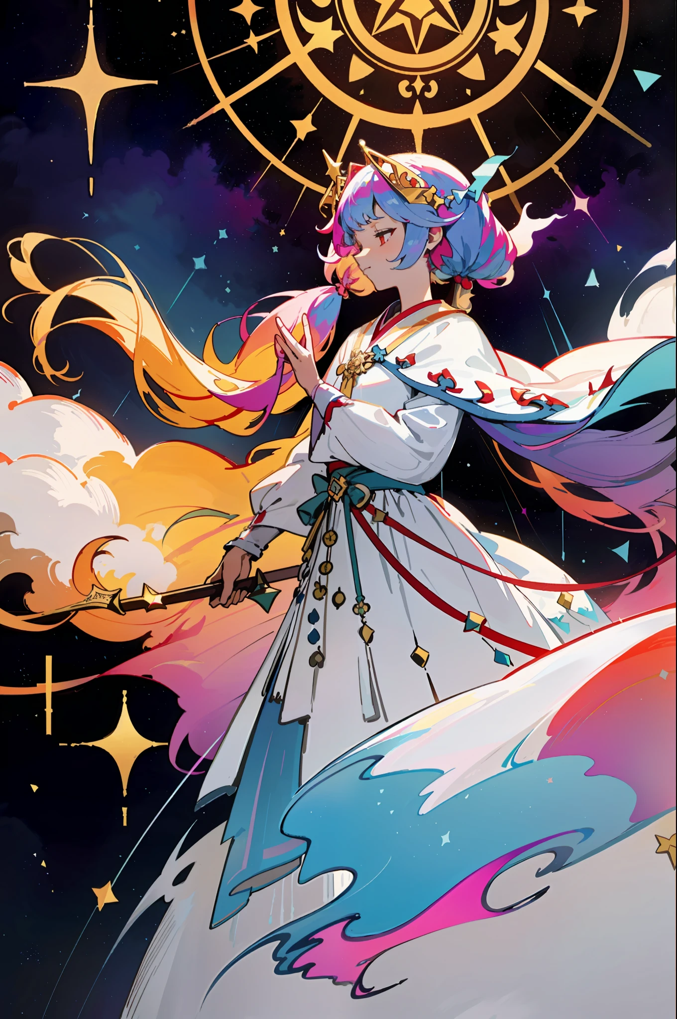 Tarot cards, princesses, maidens, double ponytails, white robes, nebula wrapped, colorful and half-body