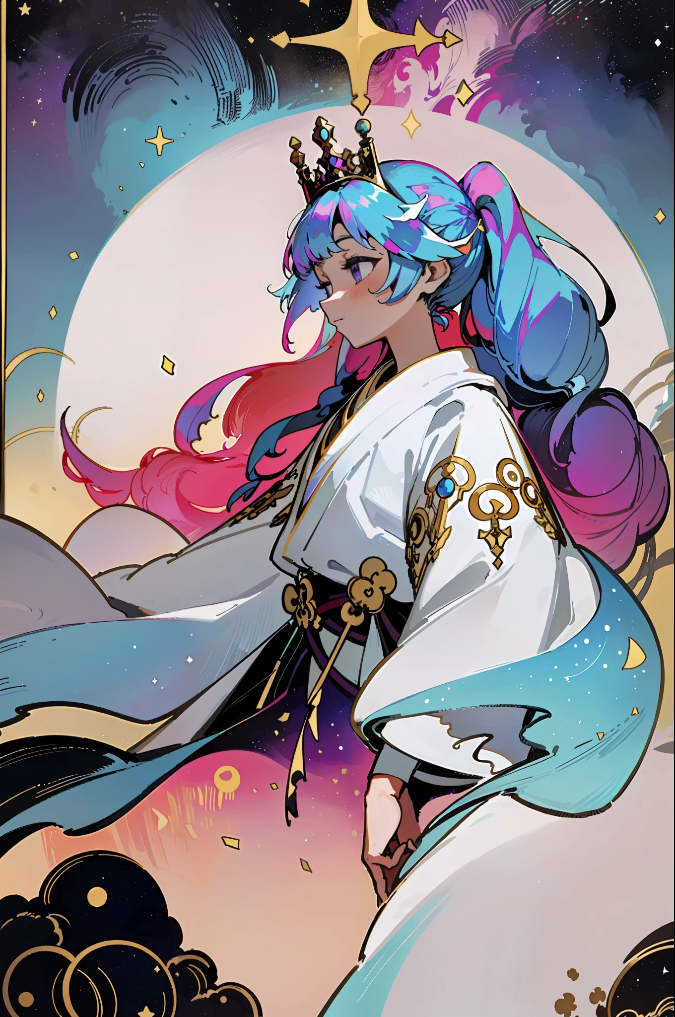 Tarot cards, princesses, maidens, double ponytails, white robes, nebula wrapped, colorful and half-body
