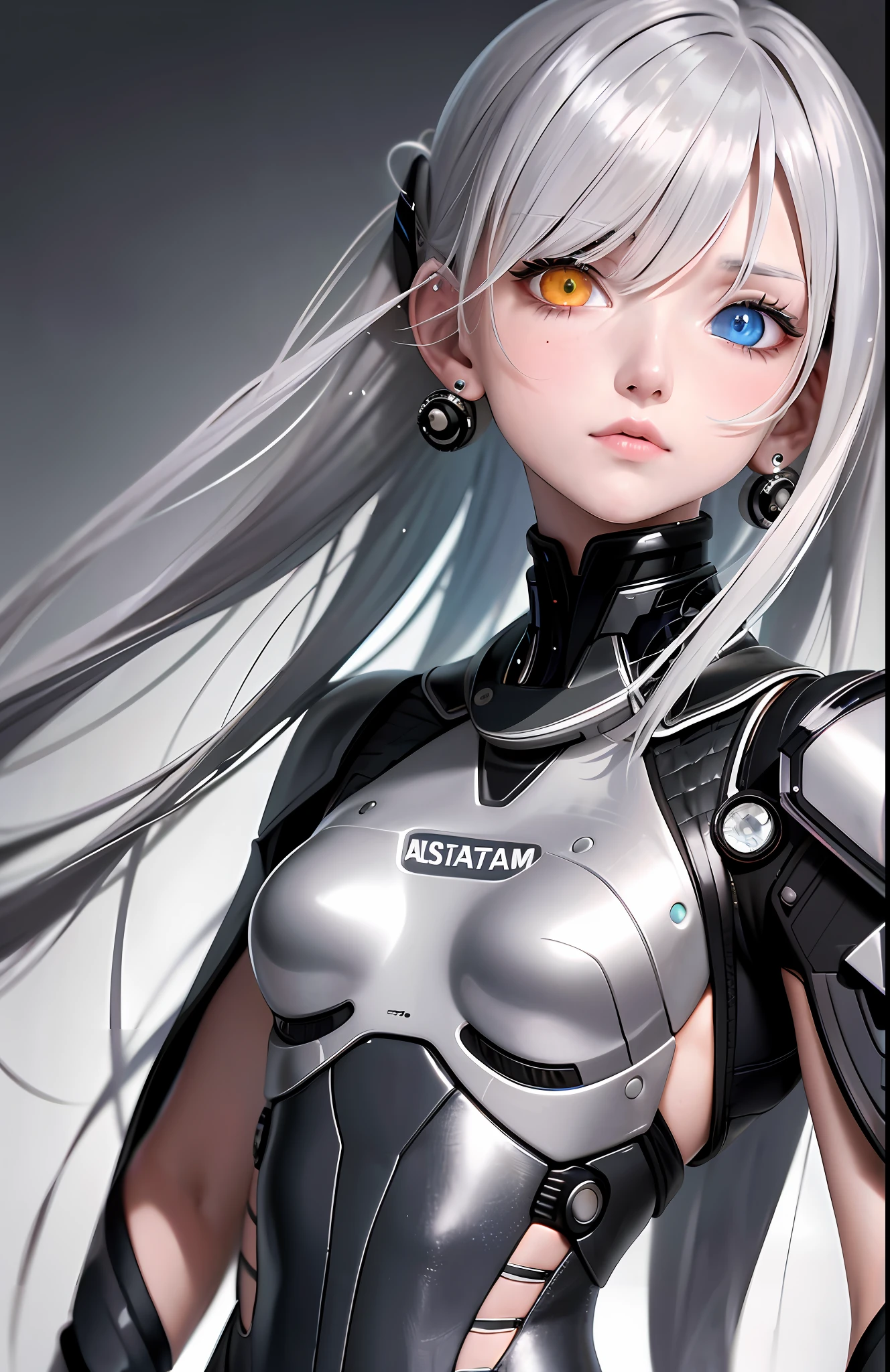 Best, Masterpiece, High Resolution, Best Quality, Ultra HD, Super Detail, Award-Limited, 16k, (Upper Body), Beautiful Maiden, Gray Hair, Hair Strands, ((Heterochromia)), Hanging Eye Corners, Fair Skin, (Small), (Slim Body), ((hazmat_suit)), Stud Earrings