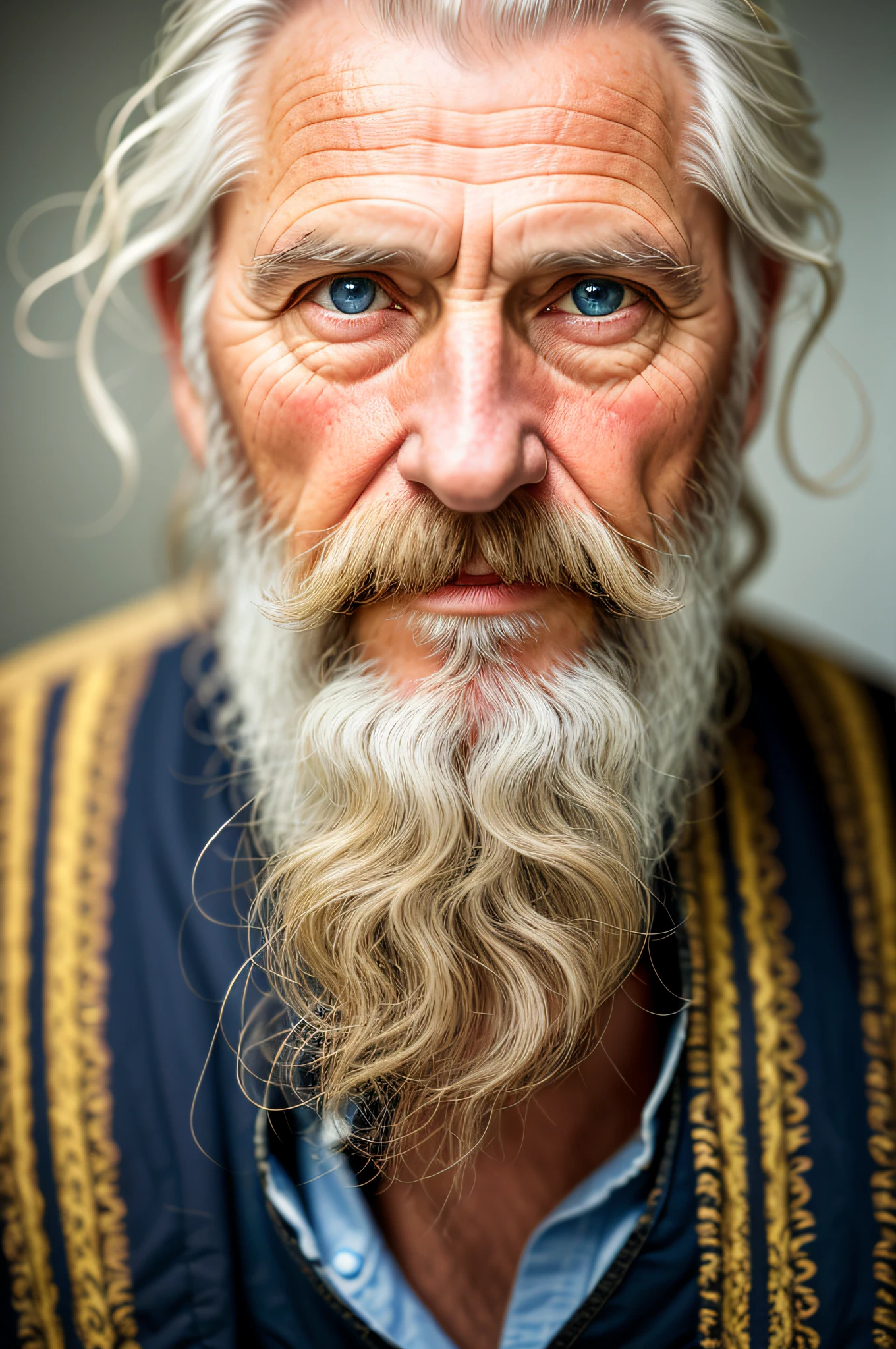dark theme, ultra resolution, hyper realistic, hdr, absyrdres, cinematic shot, vignette, centered, short DOF,

a closeup portrait of an old man, Scandinavian, looking at camera,
blue old eyes,
short white hair, one braided hair curl, white VIKING BEARD,
missing teeth,
narrow face
dark skin, wide shoulders, weathered by sun and sat water,
royal doublet with gold patterns,

royal chambers

camera focus on an eye, high focal length, dslr, 200mm lens,
photo by Cristina Otero, dark studio, rim lighting, two tone lighting, dimly lit, low key, backlight,