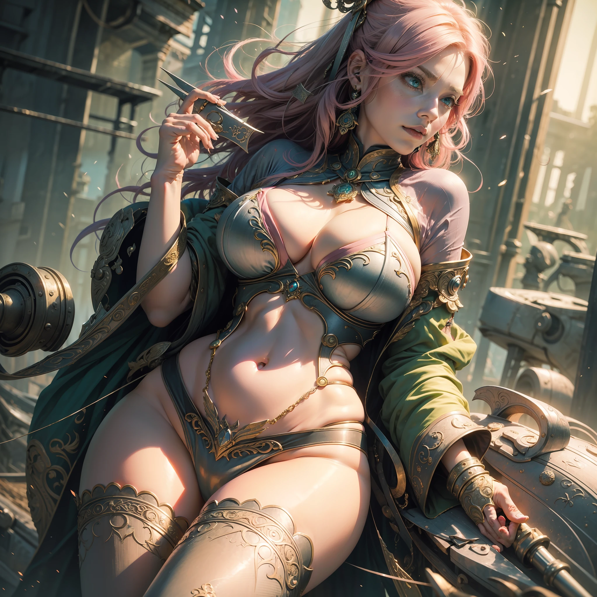 ((realistic: 1.5)),((best quality)), ((masterpiece)),((detailed)), a beautiful woman, pink hair, bright green eyes, focus on face, serious look, long legs, curves, large breasts, cleavage, arcane warrior clothing, wide hips, long eyelashes, temple.