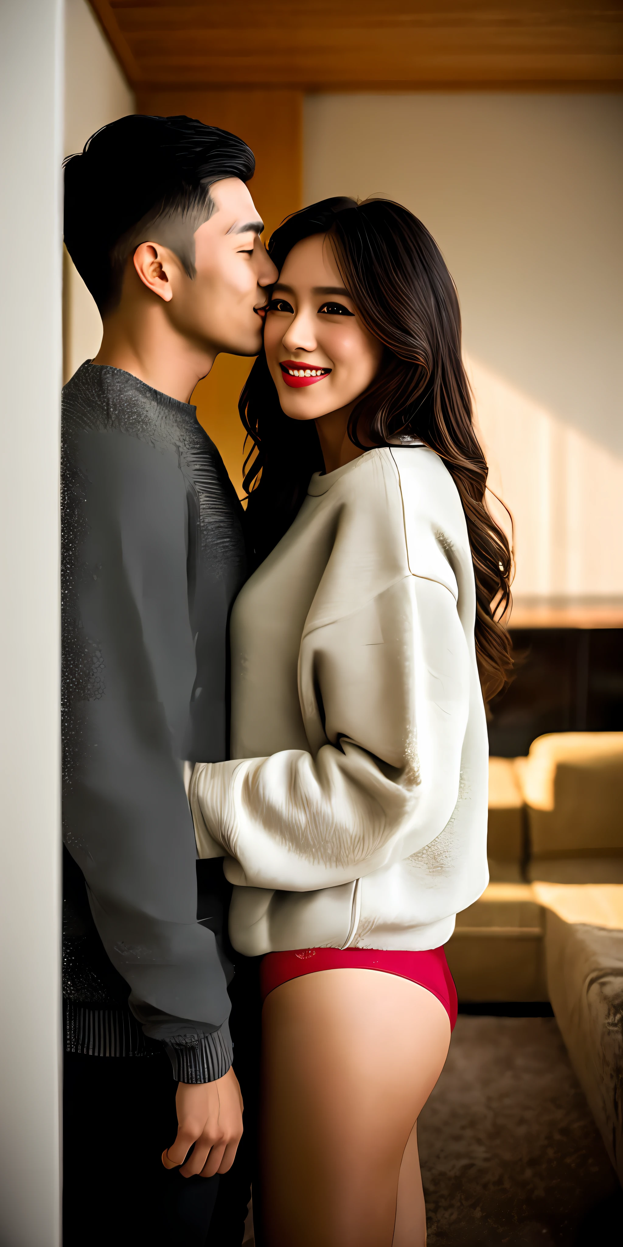Intimate, high-quality side view photograph of a (man:1.2) and a (woman:1.2) in the (living room:1.1), (dramatic lighting:1.1), Passionate man and woman embracing and kissing at wall in hall at home, sexy, passionate, intricately detailed, the girl in panties and loose sweatshirt, (smile:1.2), (drenched:1.1) with (shimmering:1.1), (sensual:1.1), dark room, Sony Alpha 7R IV camera, digital photograph, f/2.8 lens, warm tones, creamy bokeh, hyper-realistic lifelike texture, trending on social media