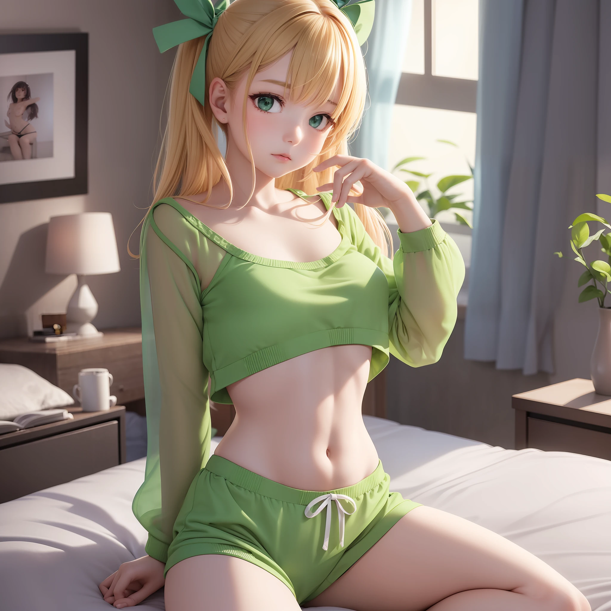 Girl, 18 years old, short pajamas, light green colors, transparent pajamas, defined belly, pose sitting on the bed, leg raised, hair ribbon, open leg navel pose, 4K, digital filters, best quality, masterpiece, ray tracing, perfect body, small chest, snug chest (marked breast beak), thin waist, thin legs, wide hip, big ass --auto --s2