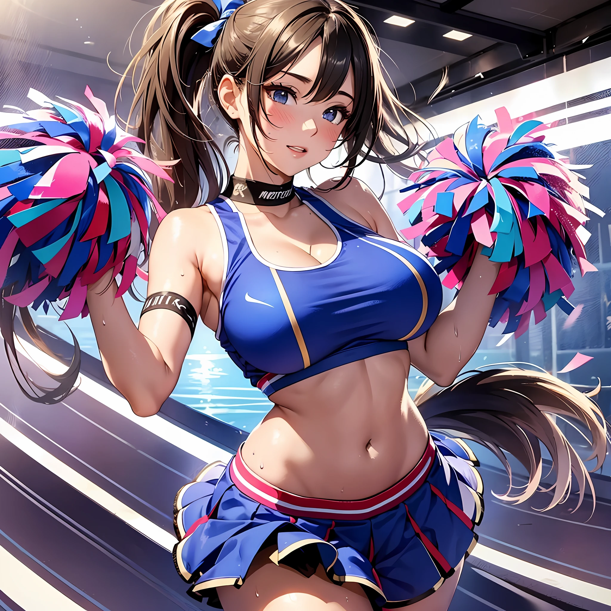 masterpiece, detailed art of beautiful warrior girl, big tits, shiny skin, wet body, big tits, tits with presence, blush, sweat, full body, sexy, boobs, side boobs, cleavage, background blur, professional lighting, cleavage, (attractive face), side ponytail, Nike logo, big eyelashes, happiness, cheering, cheering, cheering, pompon, cheerleader uniforms, miniskirts, alternative costumes, fitness,