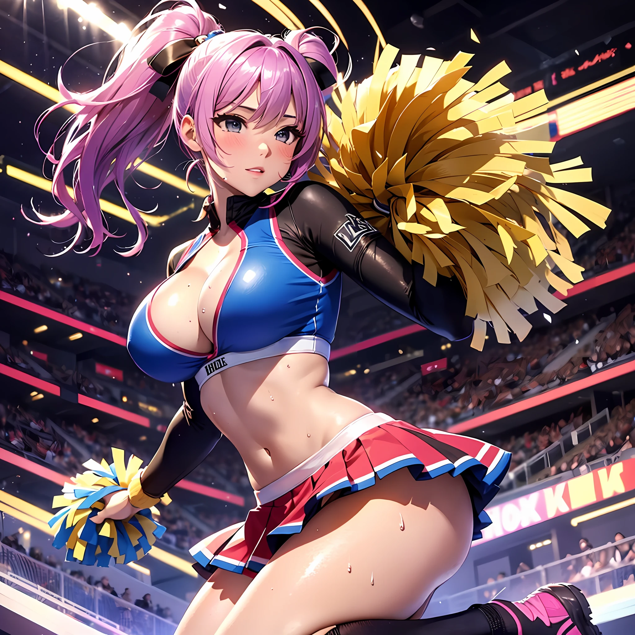 masterpiece, detailed art of beautiful warrior girl, big tits, shiny skin, wet body, big tits, tits with presence, blush, sweat, full body, sexy, boobs, side boobs, cleavage, background blur, professional lighting, cleavage, (attractive face), side ponytail, Nike logo, big eyelashes, happiness, cheering, cheering, cheering, pompon, cheerleader uniforms, miniskirts, alternative costumes, fitness,