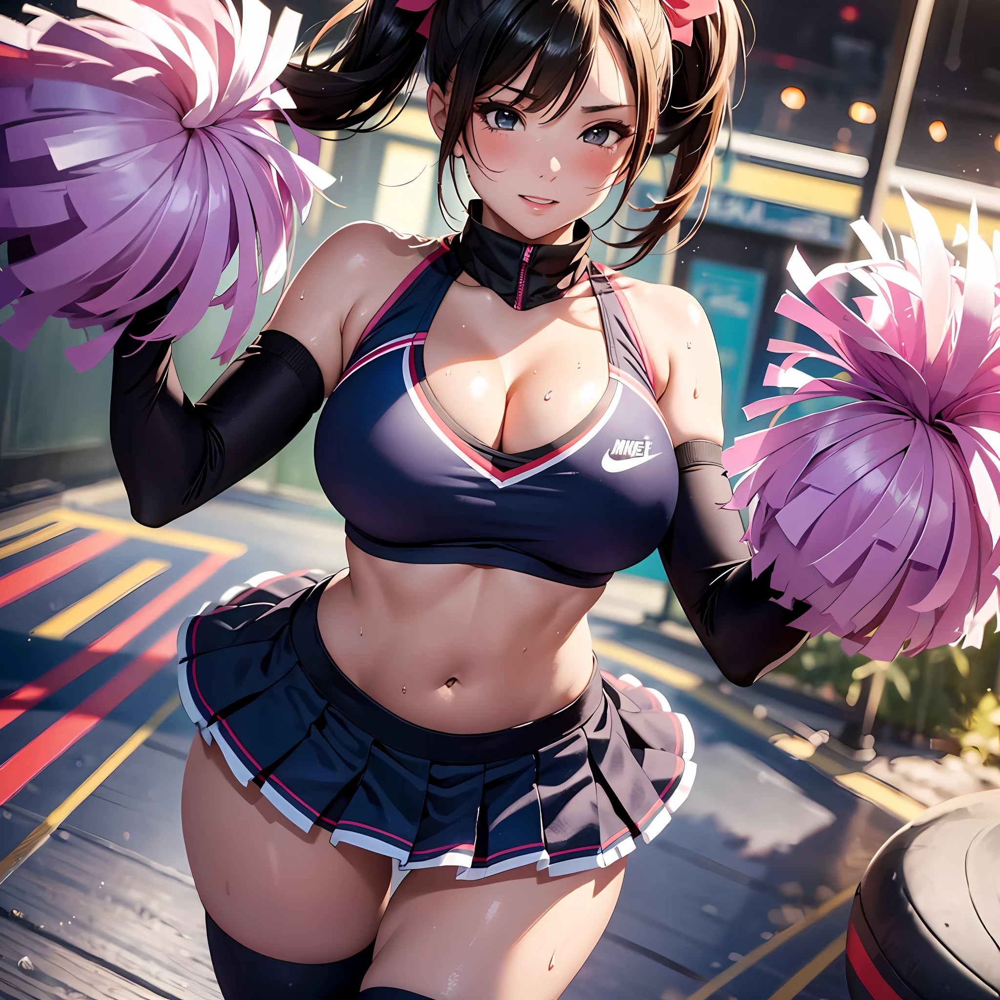masterpiece, detailed art of beautiful warrior girl, big tits, shiny skin, wet body, big tits, tits with presence, blush, sweat, full body, sexy, boobs, side boobs, cleavage, background blur, professional lighting, cleavage, (attractive face), side ponytail, Nike logo, big eyelashes, happiness, cheering, cheering, cheering, pompon, cheerleader uniforms, miniskirts, alternative costumes, fitness,