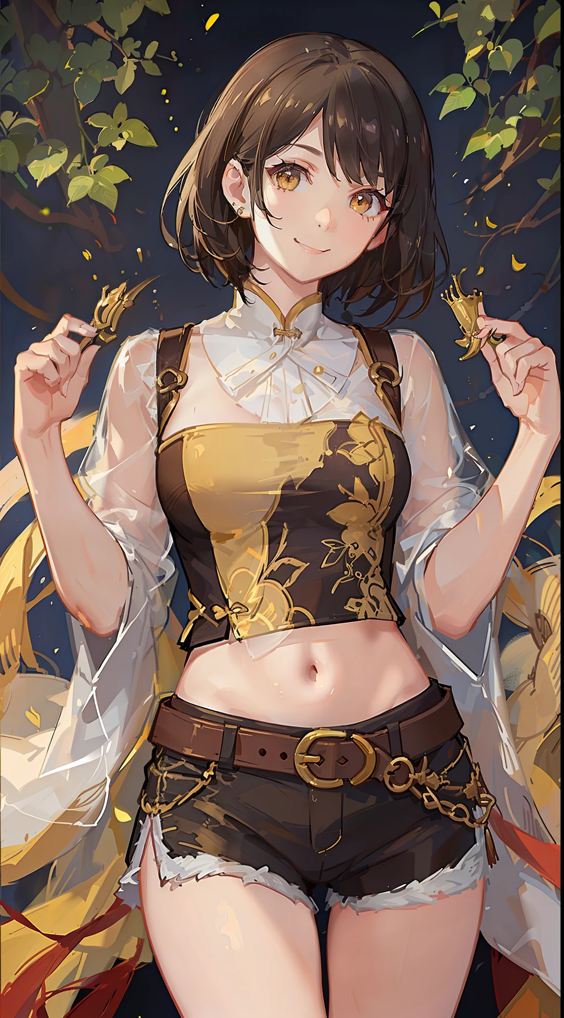 Young girl, short brown hair, yellow eyes, brown Chinese clothes, shorts, smile, masterpiece, high quality, open belly