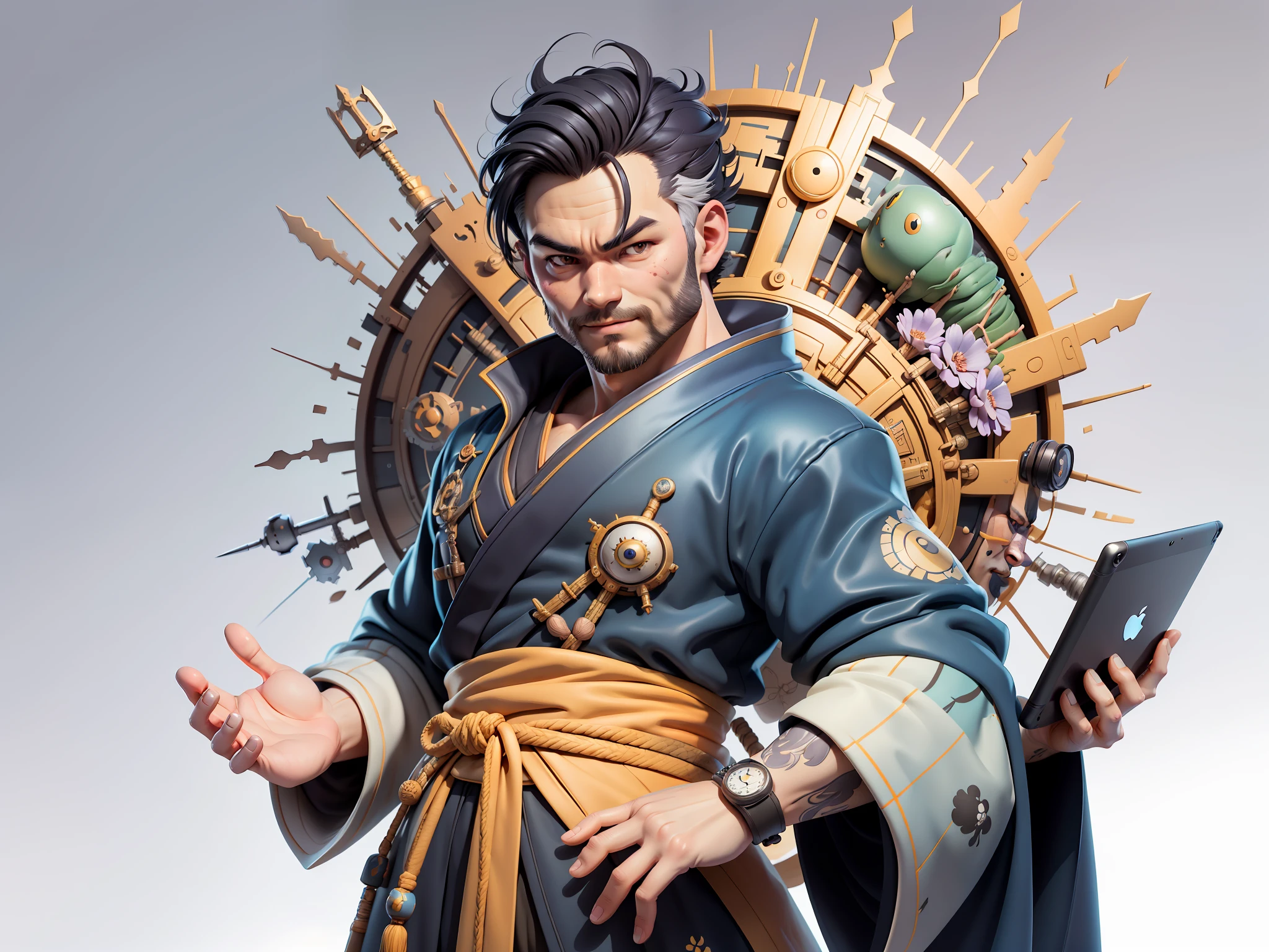 (Masterpiece), (Excellent), (Super Meticulous), (Full Body: 1.2), Super Young Man, Oriental Face, Japanese Kimono, Japanese Wind and Thor, TV Anchor, Bust Portrait Illustration, Alone, Black Suit, Blue Tie, Slightly Chubby, Very Clean Face, No Beard, Black Super Short Hair, Black Eyes, Confident Smile, 3c Computer Sub-Products, iPad, iPhone, Digital Painting, 3D Character Design by Mark Claireden and Pixar and Hayao Miyazaki, the illustration is HD illustration in 4K resolution, With very detailed facial features and cartoon-style visuals.