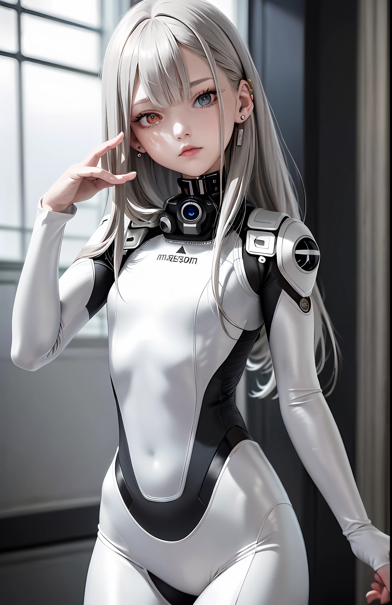 Best, Masterpiece, High Resolution, Best Quality, Ultra HD, Super Detail, Award-Limited, 16k, (Upper Body), Beautiful Maiden, Gray Hair, Hair Strands, ((Heterochromia)), Hanging Eye Corners, Fair Skin, (Small), (Slim Body), ((hazmat_suit)), Stud Earrings