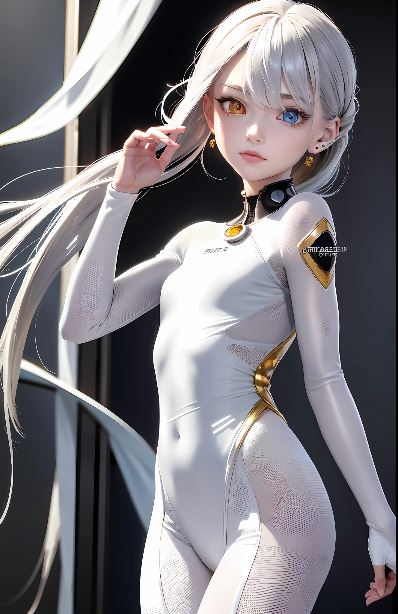 Best, Masterpiece, High Resolution, Best Quality, Ultra HD, Super Detail, Award-Limited, 16k, (Upper Body), Beautiful Maiden, Gray Hair, Hair Strands, ((Heterochromia)), Hanging Eye Corners, Fair Skin, (Small), (Slim Body), ((hazmat_suit)), Stud Earrings