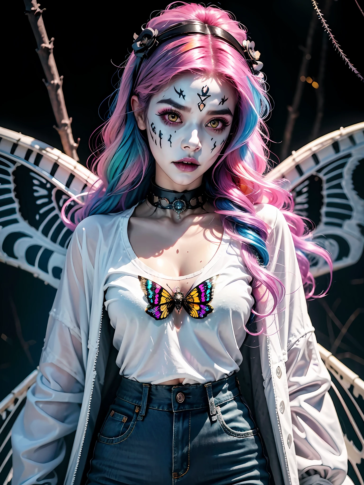 Niji Style Lora, ((demonic, calavera, sugar skull makeup, exo skeleton, moth wings, wings, kawaii horror, poltergeist moth)), 1girl, ((two tone hair, multicolored hair, pink hair, blue hair, white streaks, yellow streaks, wild hair, curly hair)), (zentangle, mandala, tangle, chaos, disorder, spider webs, entangle:0.6), curly hair , wild hair, yellow eyes ,yellow choker necklace, white tshirt, jeans, denim jacket, eye symbol, black leggings , demonic moth , spider webs, wet , wet clothes, vampire teeth , black cape , roses, lillies, lily of the valley, cyberpunk, fantasy, full-face blush, human fingers , city background , flying, white body paint , cyberpunk background , wires, electrical wires, top , black skirt , black shirt,