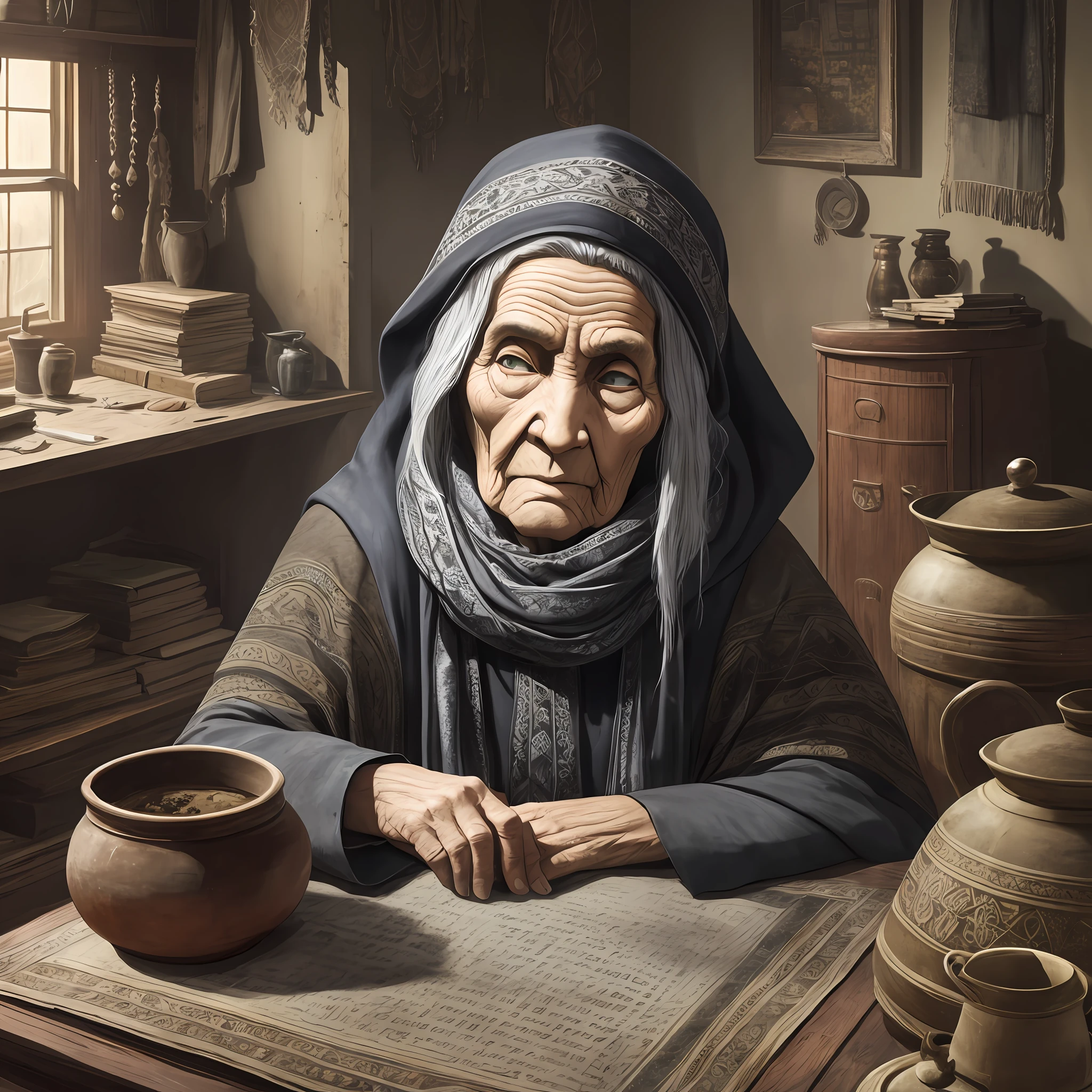 Computer graphics, three-dimensional drawing, gloomy shadows, Akaarel, Damon Hellenbrand, drawing, ultradetalized portrait, realistic fantasy, cgsociety, neal adams, witch, Baba Yaga is usually depicted as a large hunchbacked old woman with gray eyes, a large, long, hunchbacked and hooked nose, a powerful hairy chin, Sometimes they say about her "nose has grown into the ceiling." But what this means is not entirely clear, but it may indicate her connection with the underworld, dressed in an old gray blank, an old scarf wrapped around her head, bast shoes, a troll's mestizo, a detailed landscape of an old room, a bunch of fabrics, the design of a dilapidated dwelling