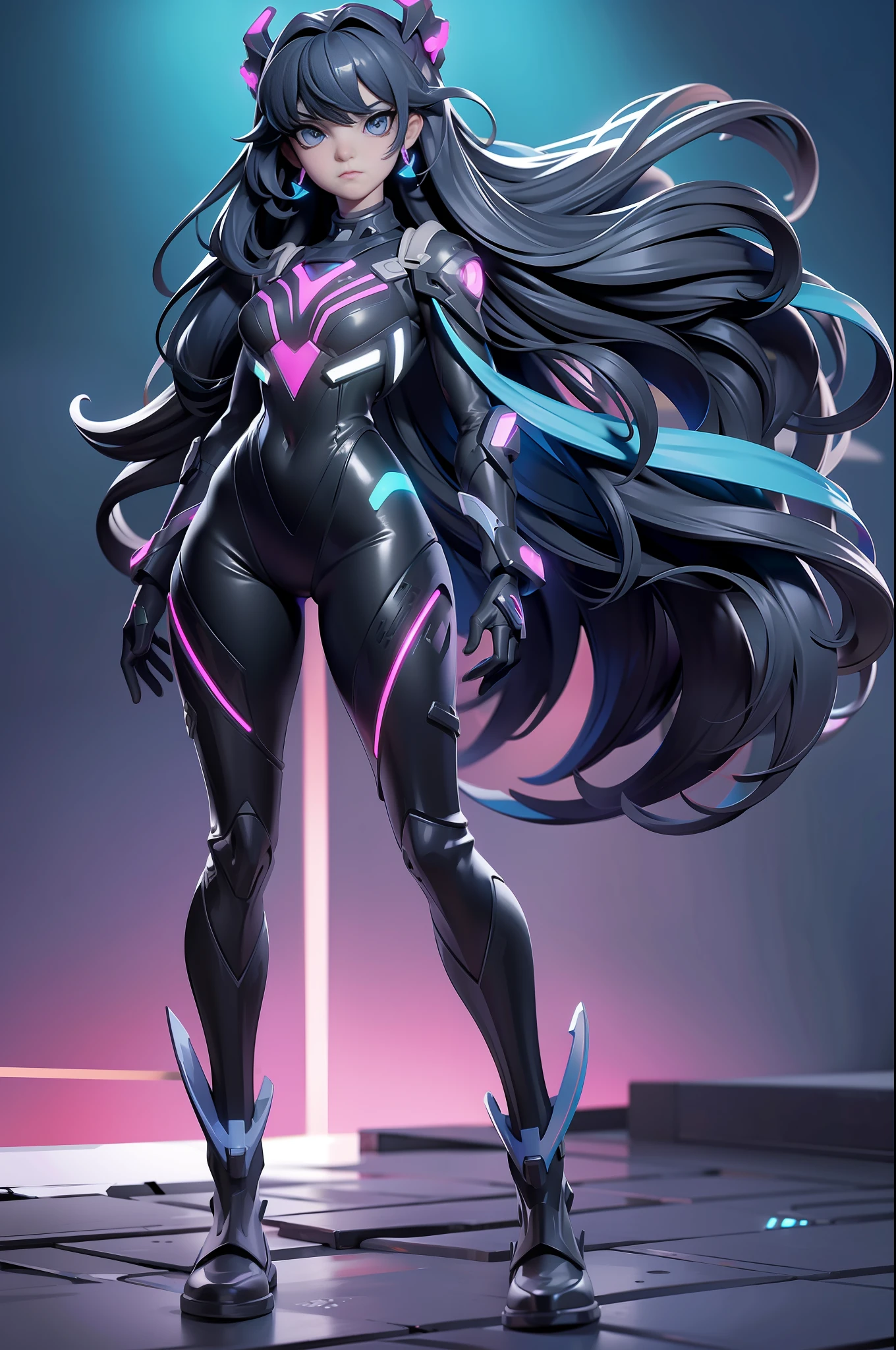 full body picture Unreal Engine 5 8K UHD of beautiful women, sapphire long wavy hair, wearing evangelion black plug suit, half face cyberpunk mask, futuristic neck collar, azure neon light details, best quality, masterpiece