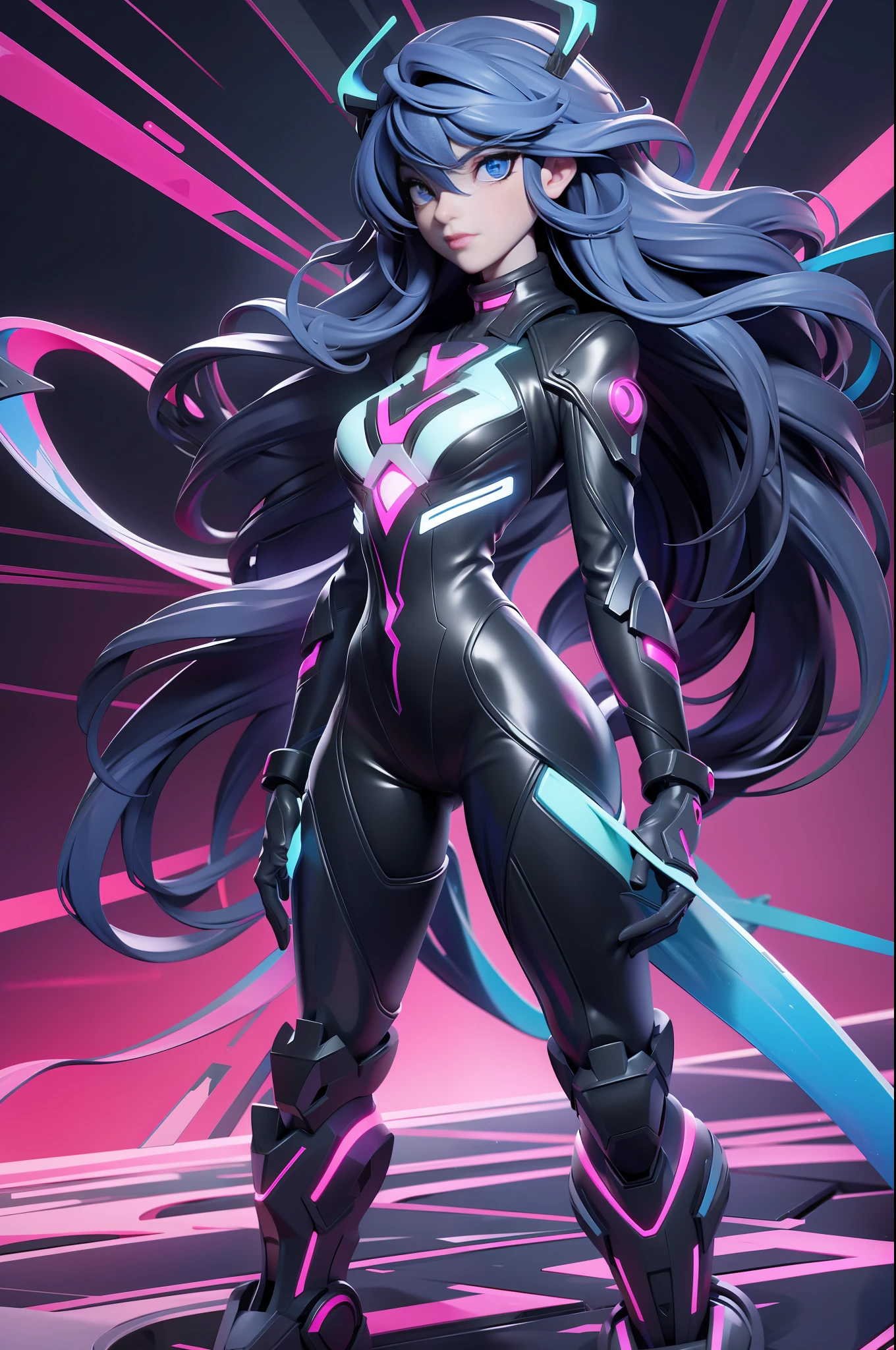 full body picture Unreal Engine 5 8K UHD of beautiful women, sapphire long wavy hair, wearing evangelion black plug suit, half face cyberpunk mask, futuristic neck collar, azure neon light details, best quality, masterpiece