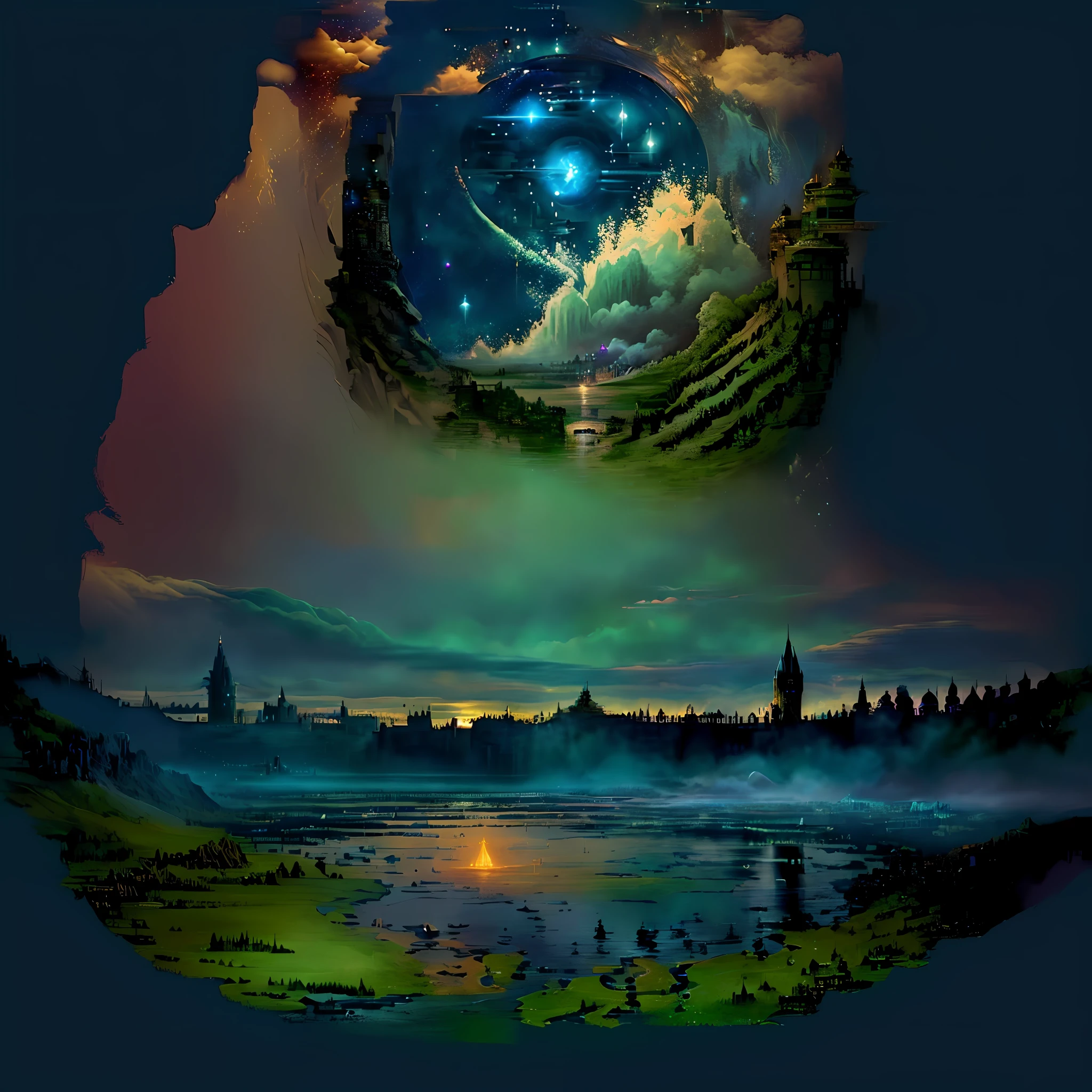 there is a digital painting of a city and a lake, inspired by Johfra Bosschart, painting of a dreamscape, dreamlike digital painting, detailed dreamscape, howl\'s moving castle at night, detailed fantasy digital art, great a'tuin, style of tolkien world, magical battlefield backround, digital art fantasy, wide angle fantasy art