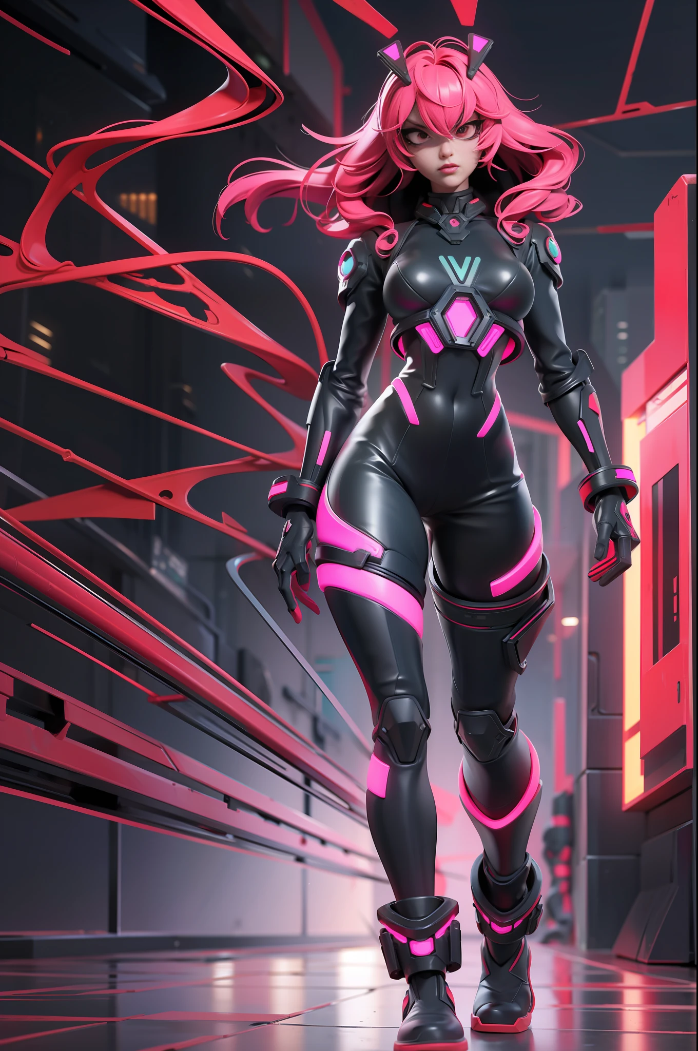 full body picture Unreal Engine 5 8K UHD of beautiful women, carmine bob hair style, wearing evangelion black plug suit, half face cyberpunk mask, futuristic neck collar, scarlet neon light details, best quality, masterpiece