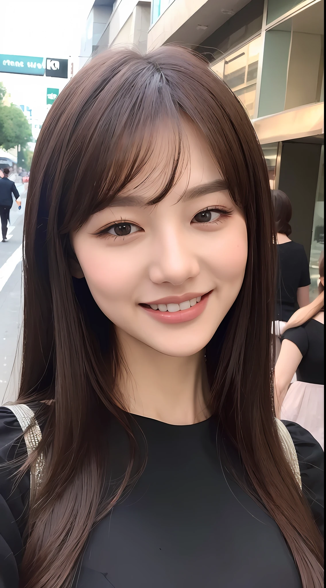 ((Best quality, 8k, Masterpiece :1.3)), 1girl, smiling, full body, slim face, Pretty woman, (Dark brown hair), full length dress :1.1, Ultra-detailed face, Detailed eyes, Double eyelid, blur background, slim face, city, outside, street,