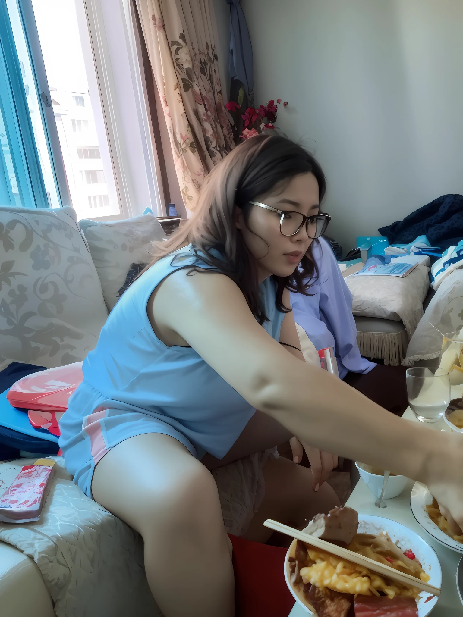 woman in blue shirt and glasses sitting on a couch with food, uhd candid photo of dirty, very very low quality picture, 3 0 years old woman, 30 years old woman, 4 k post, 4k post, mukbang, leaked photo, of taiwanese girl with tattoos, low quality photo, she is about 30 years old