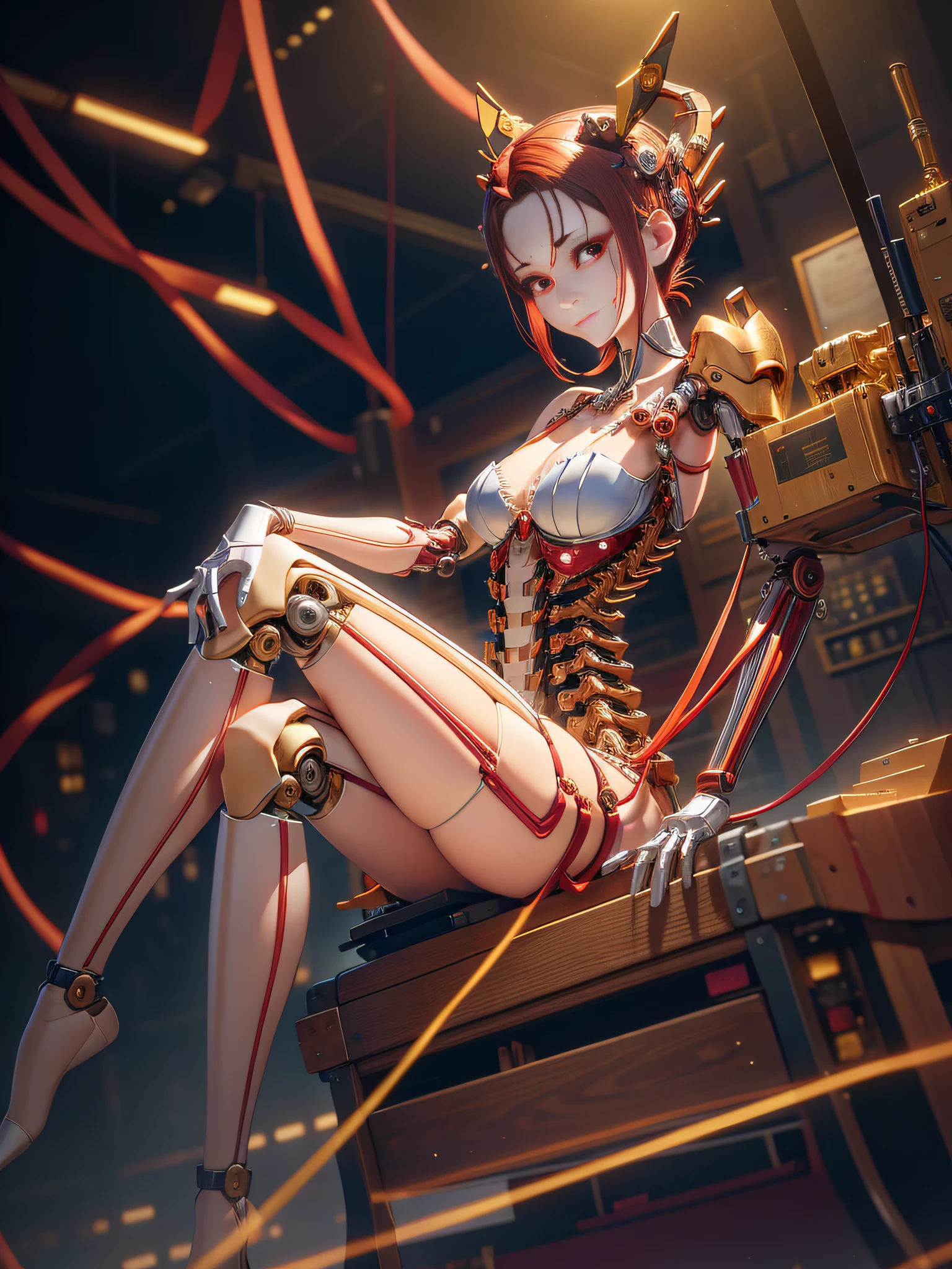 (((masterpiece))), ((best quality)), (ultra-detailed), (CG illustration), (an extremely devious and beautiful)), (cute desktop face), cinematic light, ((1 mechanical girl)), single, beautiful face, full body, ( Machine-made joints: 1.4), ((mechanical limbs)), (blood vessels attached to tubes), ((mechanical spine attached to the back)), ((mechanical cervical vertebrae attached to the neck), (sitting)), expressionless, (wires and cables attached to the head and body: 1.5), (character focus), science fiction