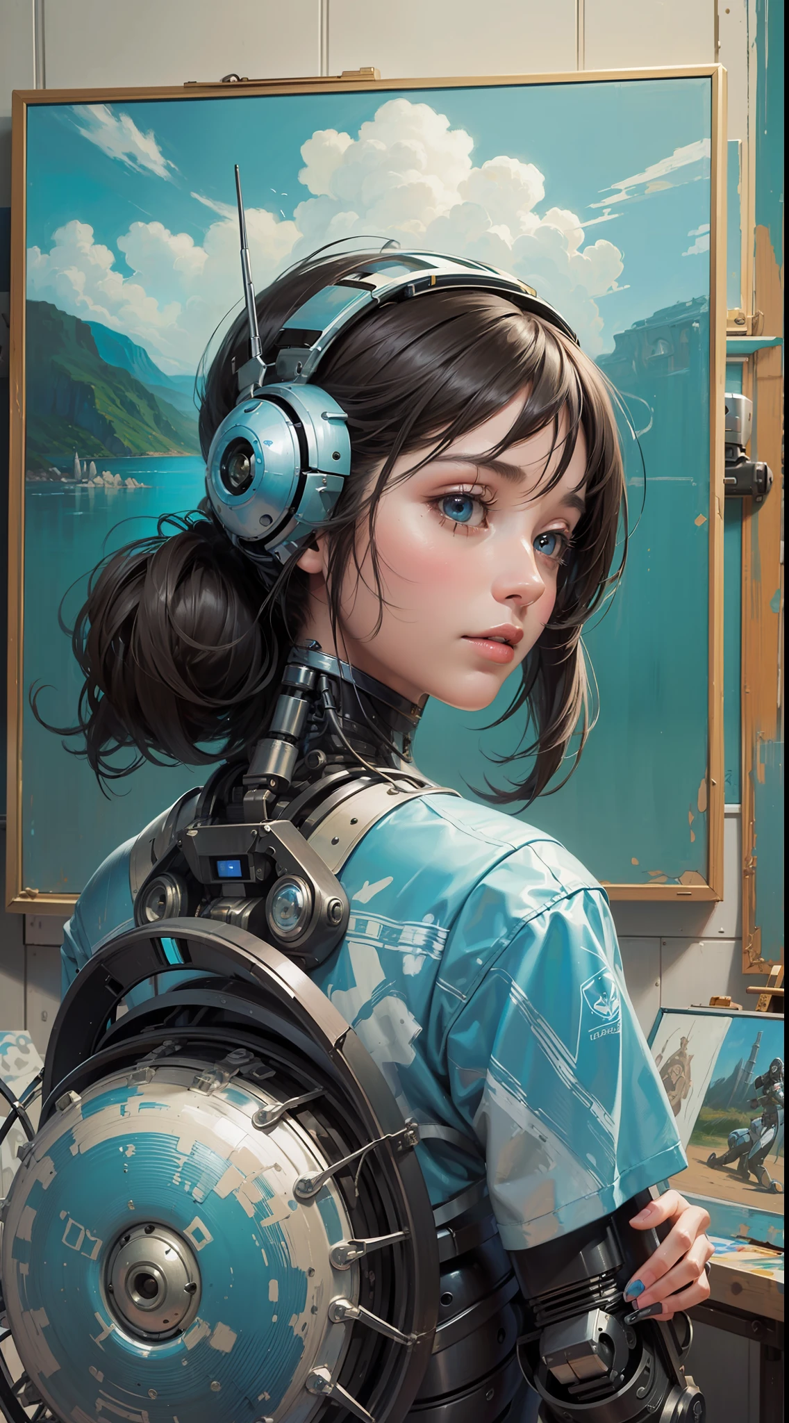 ((photorealism, portrait, painting, robot, cove, art studio)) A robot painting a picture of a girl, where the brushstrokes are precise and extremely detailed. The scene takes place in an art studio overlooking a cove, making the environment peaceful and tranquil. --auto --s2