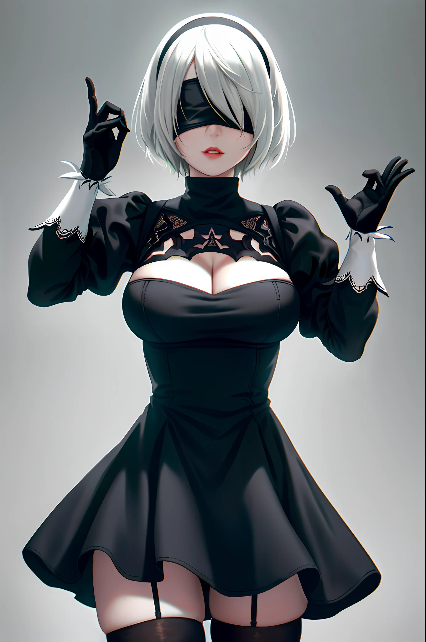 yorha no. 2 type b, 1girl, wlop, (blindfold), breasts, cleavage, cleavage cutout, clothing cutout, green background, hair between eyes, hairband, highres, juliet sleeves, long sleeves, nier (series), nier automata,  puffy sleeves, red lips, shaded face, short hair, solo, turtleneck, upper body, white hair, sky
