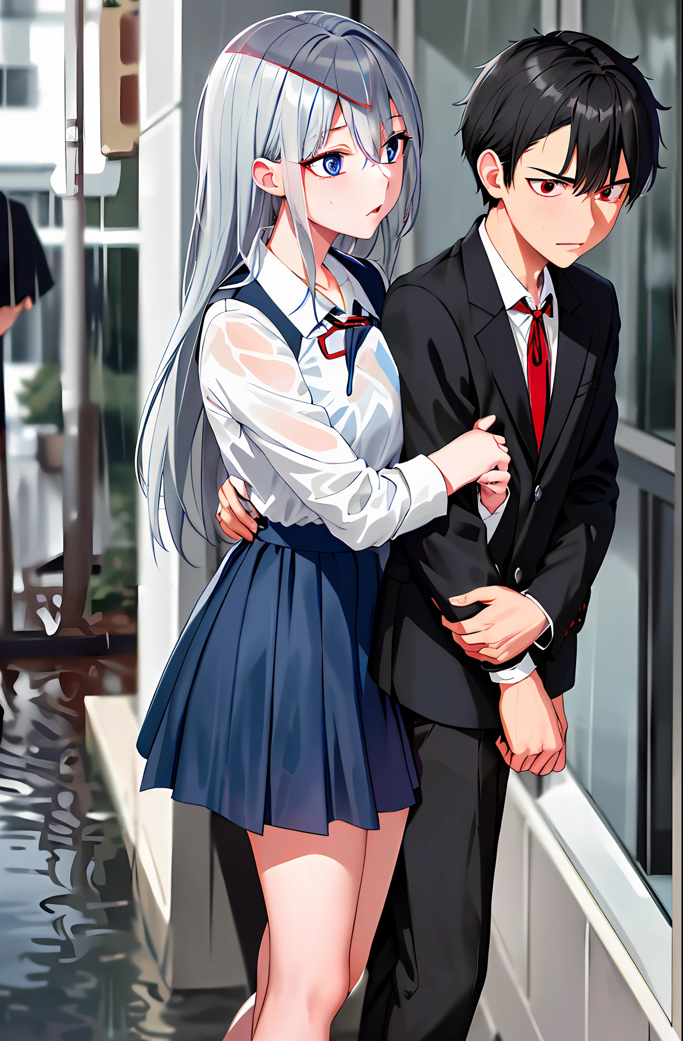 (masterpiece), (best quality), highres, ((((1girl she has gray hair with blue eyes and 1boy he has short black hair with red eyes who are classmates))))), ((((They have different hair colors and eyes do not confuse)))), (draws Kei and kiyotaka ayanokoji looking at each other), (2schoolmates who are Kei and kiyotaka ayanokoji looking at each other),  (kei1), (1girl), solo, ((((she has blue eyes)))), (she has long hair), (she wears a school uniform), (she has ribbon), (she has bangs), collarbone, she has gray hair, she has black hair band, she has neck ribbon, hair between her eyes, she has medium breasts, cowboy shot, she is looking seriously at kiyotaka ayanokoji,  anatomically correct whole body, is standing in the street with rain falling, this with a sad and worried face, full stubborn detached, (1boy), (kiyotaka ayanokoji), 15 year old, school uniform white shirt black jacket open jacket red tie long black pants sitting, (((((he has red eyes))))), ((he has short black hair)), whole body anatomically correct, he has a necklace of jesus around his neck,  normal legs, wears black shoes, (he's looking at Kei1 or the girl), ((he's in front of kei wanting to give her his black jacket so she doesn't get wet so much)) , is facing Kei, (emotional scene), (mysterious), (detailed full escenario), (((((They're soaking with a lot of passion and hugging))))), ((((They're being wet by the rain along with their clothes)))),  (((((((please correct the error of the hand or eliminate the remaining hand that is in the Kei sinture))))))