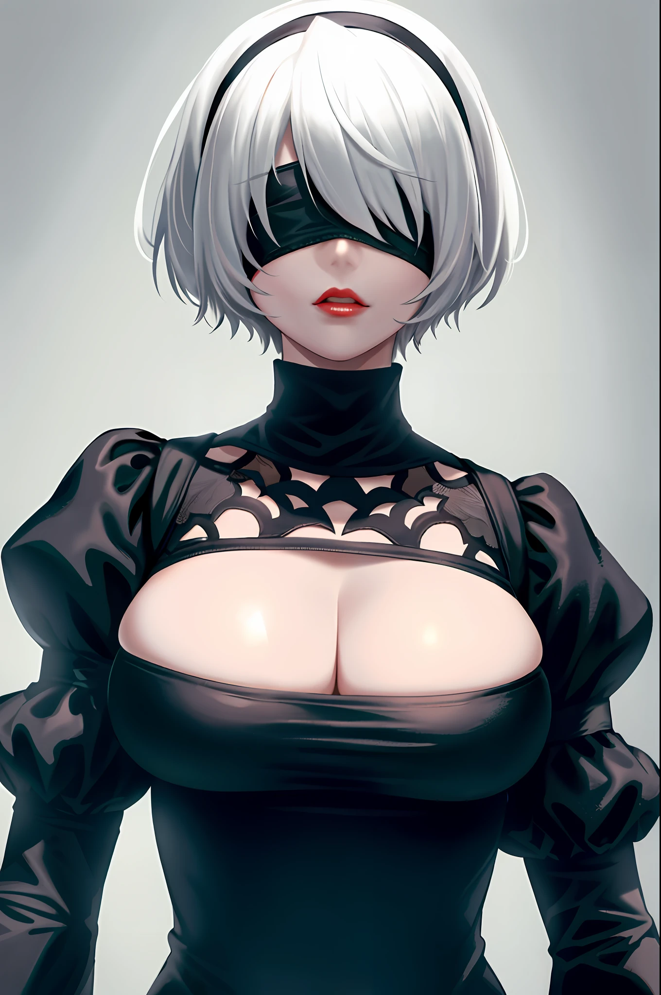 yorha no. 2 type b, 1girl, wlop, (blindfold), breasts, cleavage, cleavage cutout, clothing cutout, green background, hair between eyes, hairband, highres, juliet sleeves, long sleeves, nier (series), nier automata,  puffy sleeves, red lips, shaded face, short hair, solo, turtleneck, upper body, white hair, sky