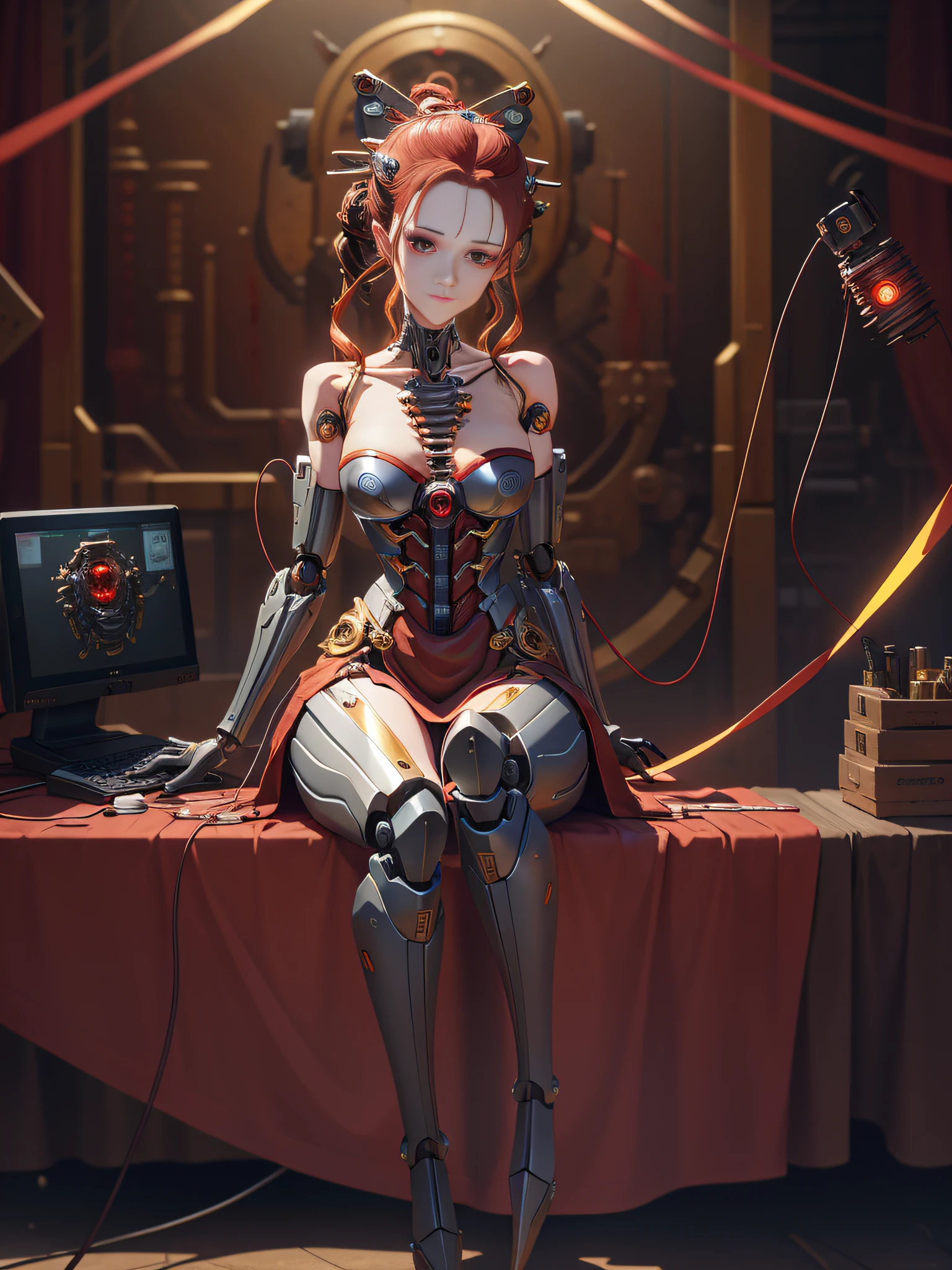 (((masterpiece))), ((best quality)), (ultra-detailed), (CG illustration), (an extremely devious and beautiful)), (cute desktop face), cinematic light, ((1 mechanical girl)), single, beautiful face, full body, ( Machine-made joints: 1.4), ((mechanical limbs)), (blood vessels attached to tubes), ((mechanical spine attached to the back)), ((mechanical cervical vertebrae attached to the neck), (sitting)), expressionless, (wires and cables attached to the head and body: 1.5), (character focus), science fiction