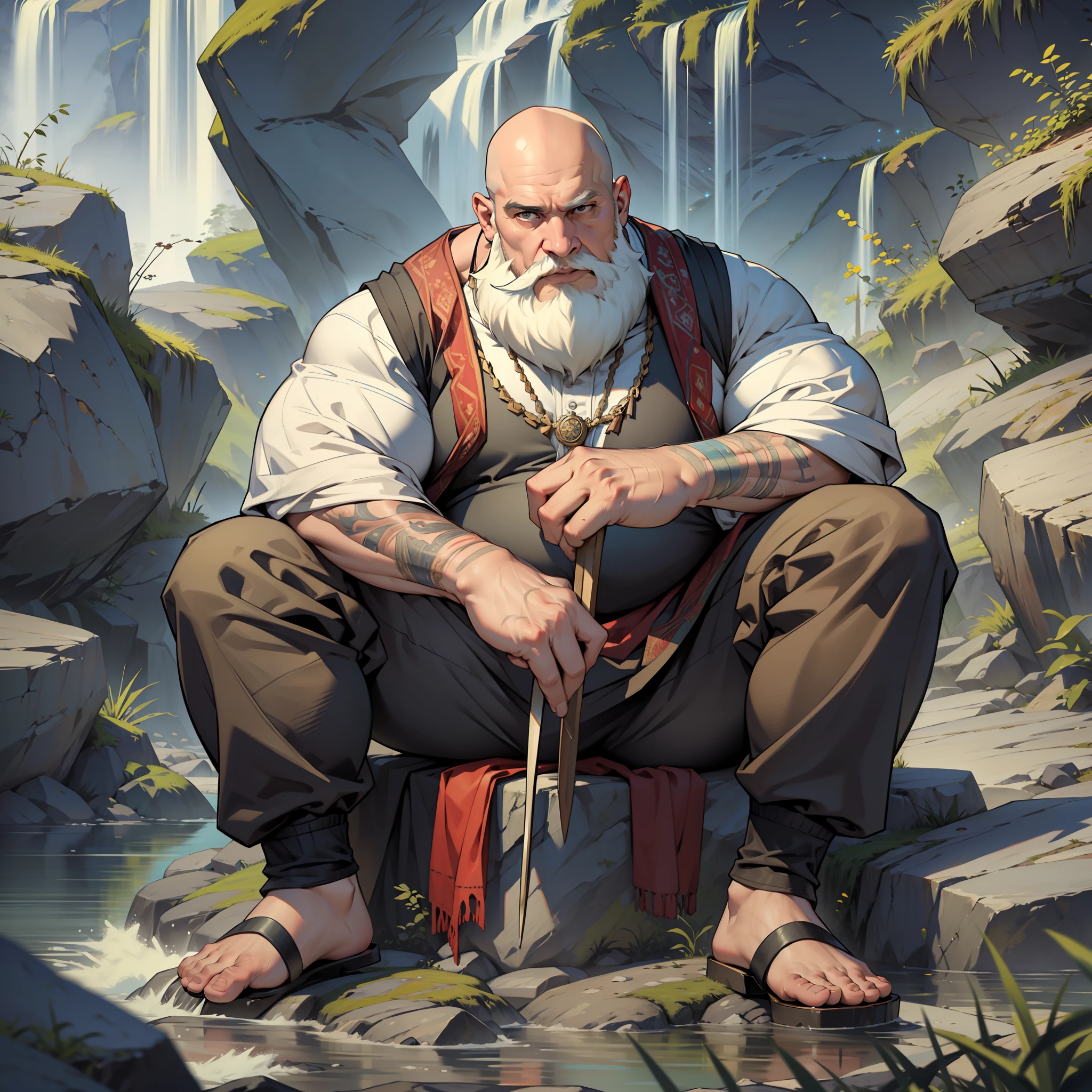 ((realistic: 1.5)),((best quality)), ((masterpiece)),((detailed)), man, obese, bald, bearded, king's clothes, sickle in right hand, sitting on a rock