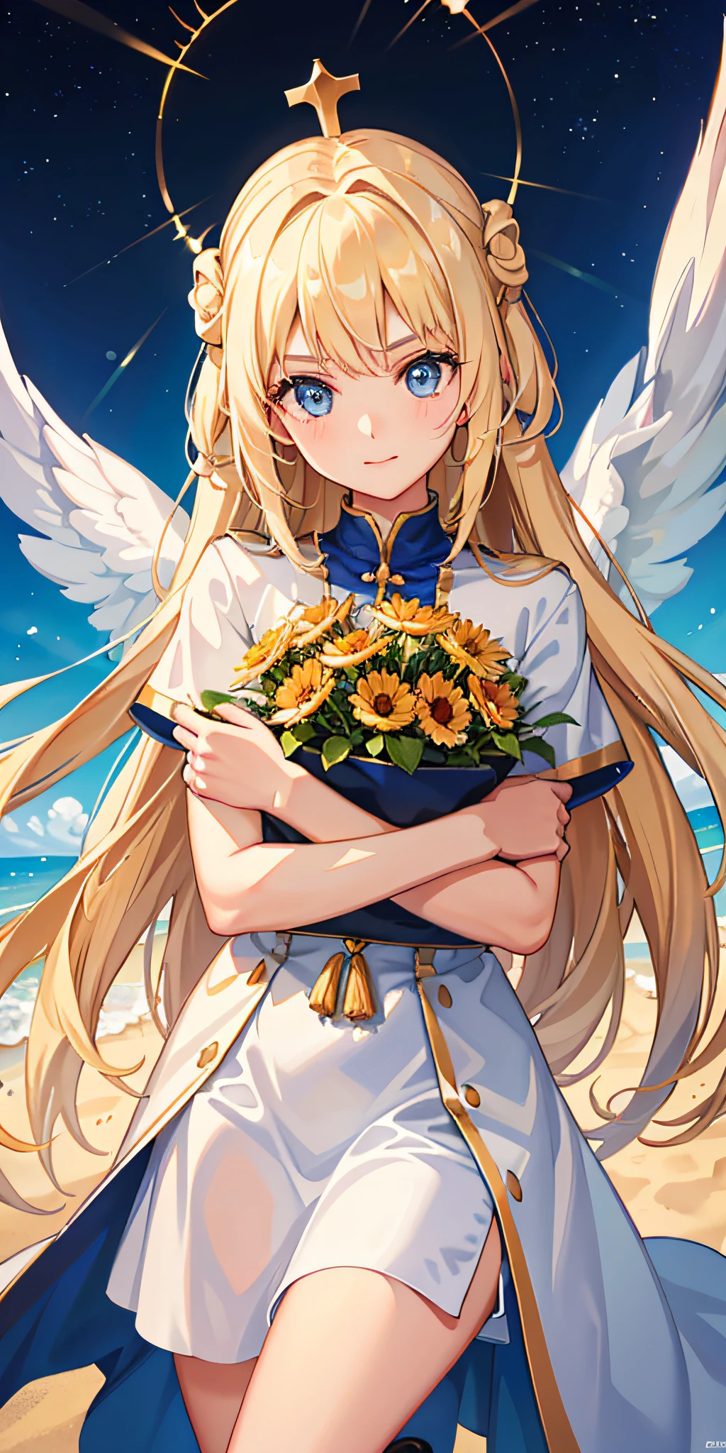 1girl, sacred, sun, best quality, most beautiful face, good posture, hug