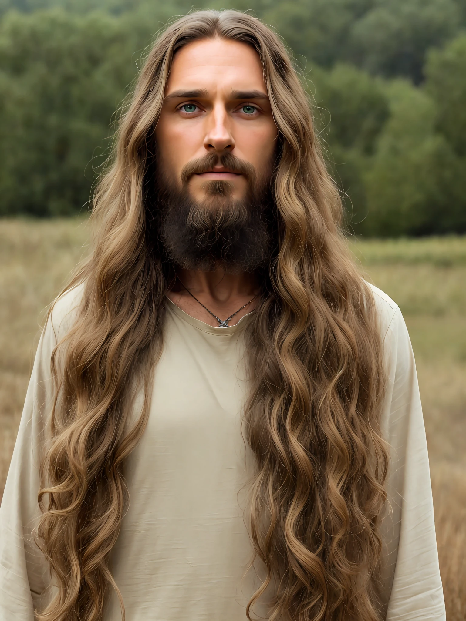 centered (Jesus), a tanned colored man with long hair and beard, green eyes, wearing a long beige tunic, 4k, hdr, detailed, pasty field background, pasty farm field as background, skinny hairless body, cross pendant on neck