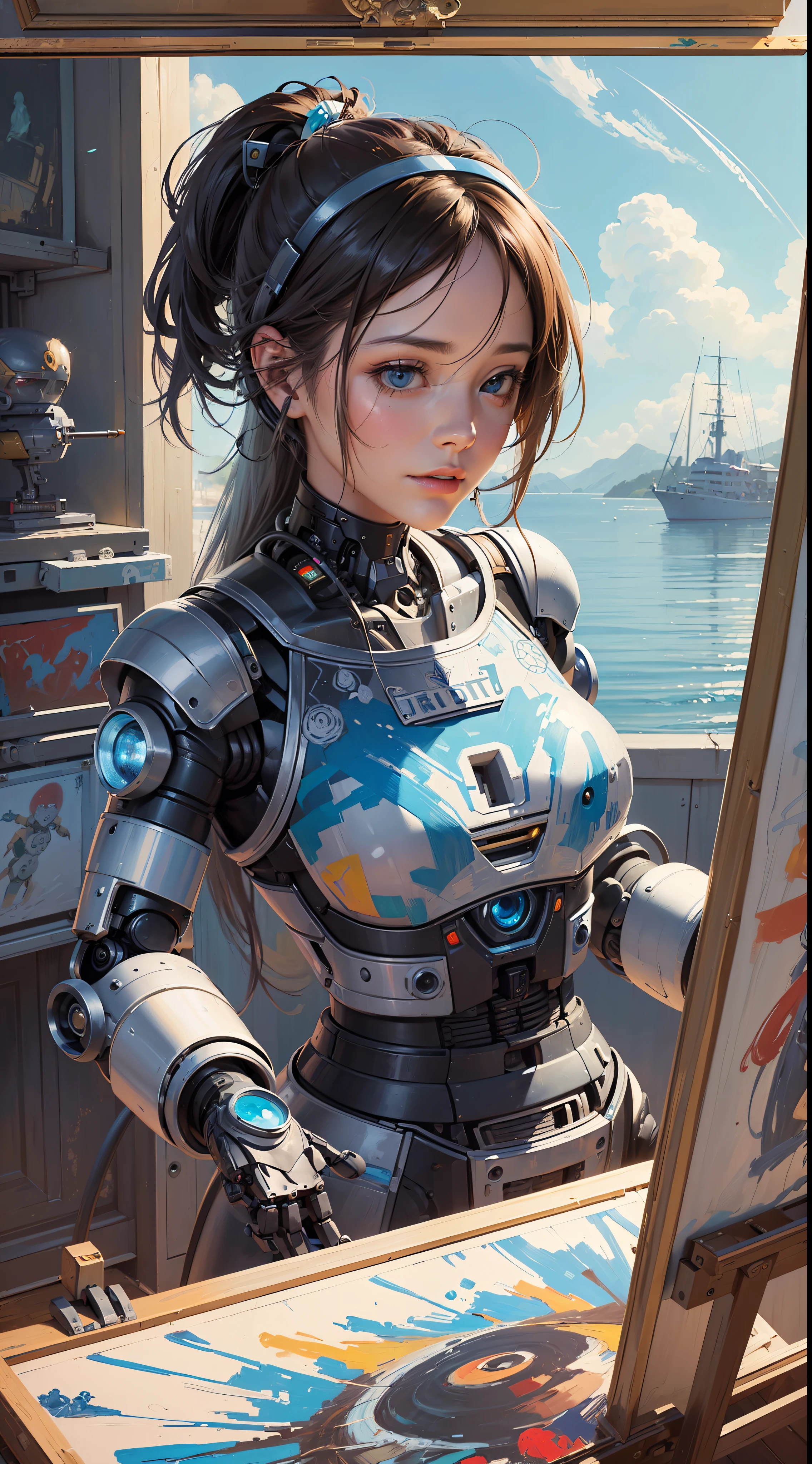 ((photorealism, portrait, painting, robot, cove, art studio)) A robot painting a picture of a girl, where the brushstrokes are precise and extremely detailed. The scene takes place in an art studio overlooking a cove, making the environment peaceful and tranquil. --auto --s2