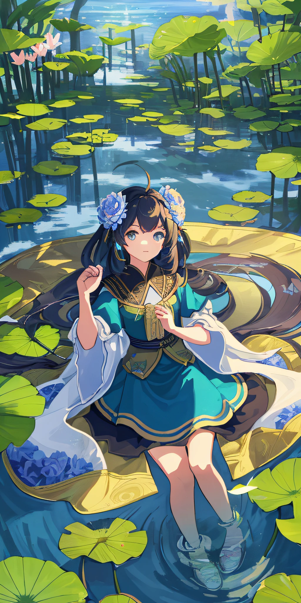 Masterpiece, best quality, (very detailed CG Unity 8k wallpaper) (best quality), (best illustration), (best shadow) nature', blue sea, lotus flowers in air light tracking, super detailed --v6