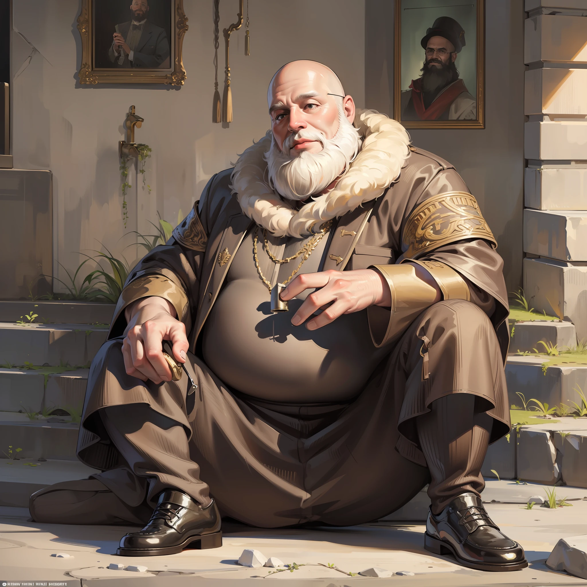 ((realistic: 1.5)),((best quality)), ((masterpiece)),((detailed)), man, obese, bald, bearded, king's clothes, sickle in right hand, sitting on a rock