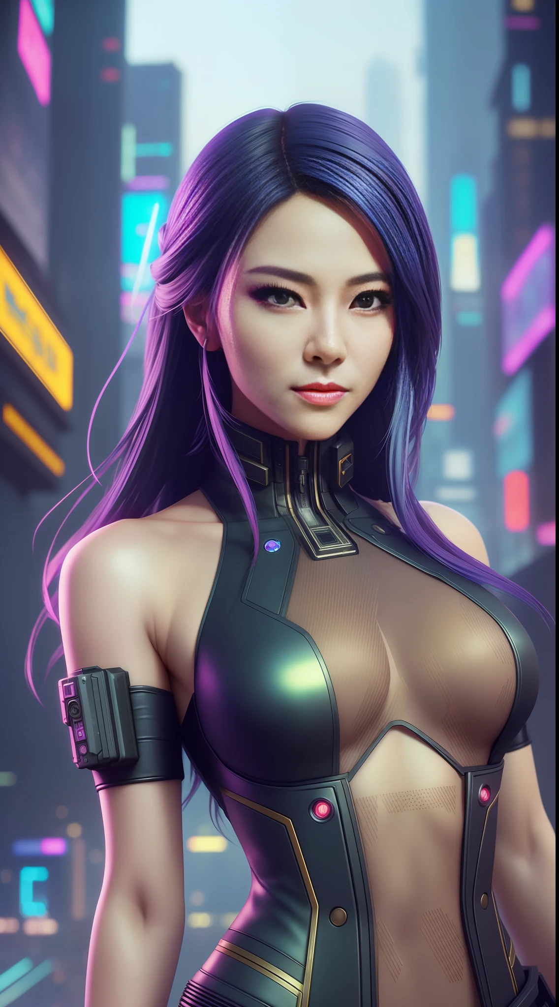 Beautiful hyperrealistic photograph of cute smiling asian cyberpunk female, shapeless cyberpunk hair, arafed woman in a black and white outfit holding a gun, oppai cyberpunk, female cyberpunk anime girl, cyberpunk anime girl, cyberpunk girl, cyberpunk 2 0 y. o model girl, in cyberpunk city, cyberpunk beautiful girl, cyberpunk angry gorgeous goddess, cyberpunk bodysuit, seductive cyberpunk dark fantasy, hyper-realistic cyberpunk style, beautiful cyberpunk woman model, cyberpunk woman, (((dynamic pose))), elegant pose, cyberpunk street background, abstract beauty, near perfection, pure form, Golden Ratio, minimalism, concept art, By Brian Froud and Carne Griffiths and Wadim Kashin, intricate detail, 8k post-production, High resolution, super Detail, trending on ArtStation, sharp focus, studio photos, intricate detail, Very detailed, By Greg Rutkowski