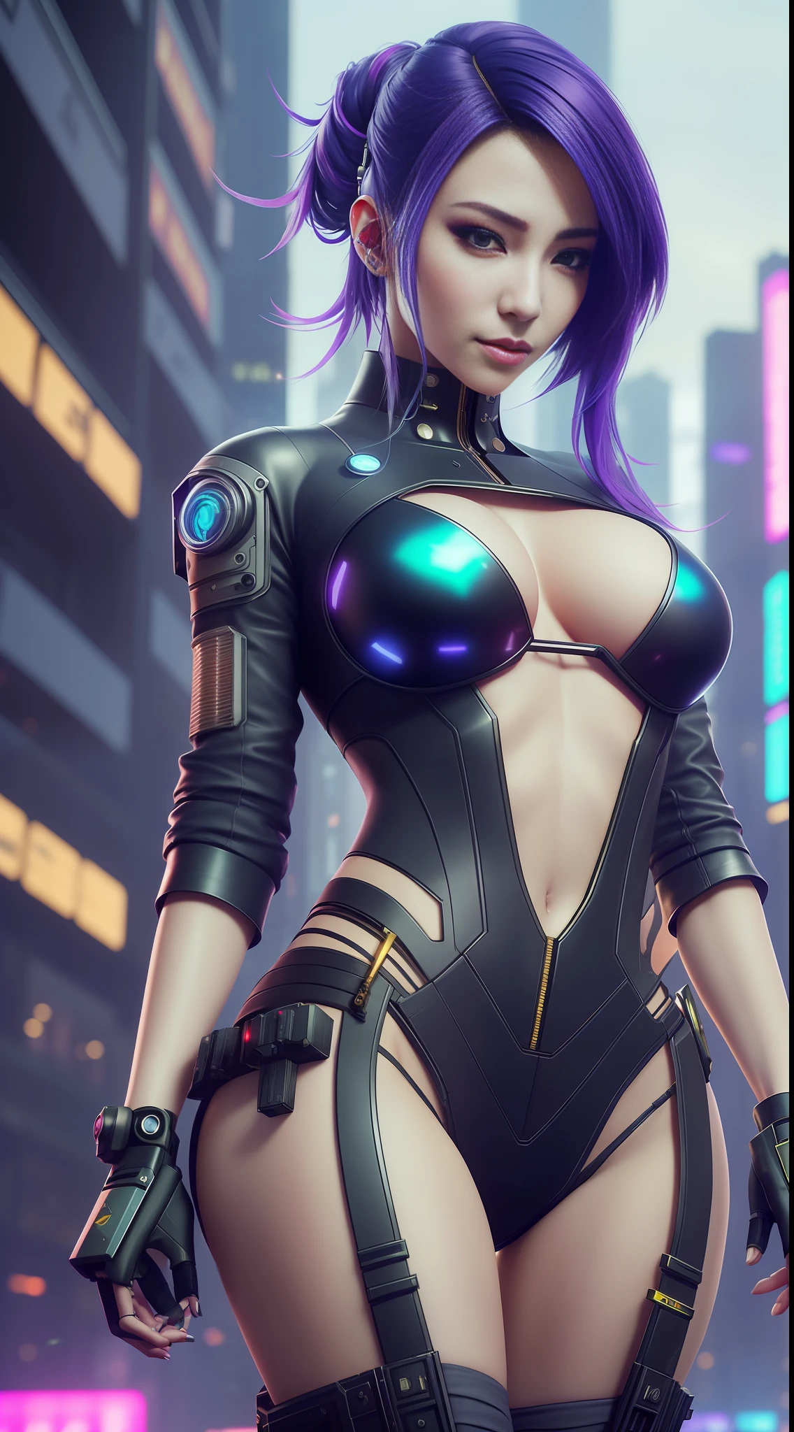 Beautiful hyperrealistic photograph of cute smiling asian cyberpunk female, shapeless cyberpunk hair, arafed woman in a black and white outfit holding a gun, oppai cyberpunk, female cyberpunk anime girl, cyberpunk anime girl, cyberpunk girl, cyberpunk 2 0 y. o model girl, in cyberpunk city, cyberpunk beautiful girl, cyberpunk angry gorgeous goddess, cyberpunk bodysuit, seductive cyberpunk dark fantasy, hyper-realistic cyberpunk style, beautiful cyberpunk woman model, cyberpunk woman, (((dynamic pose))), elegant pose, cyberpunk street background, abstract beauty, near perfection, pure form, Golden Ratio, minimalism, concept art, By Brian Froud and Carne Griffiths and Wadim Kashin, intricate detail, 8k post-production, High resolution, super Detail, trending on ArtStation, sharp focus, studio photos, intricate detail, Very detailed, By Greg Rutkowski