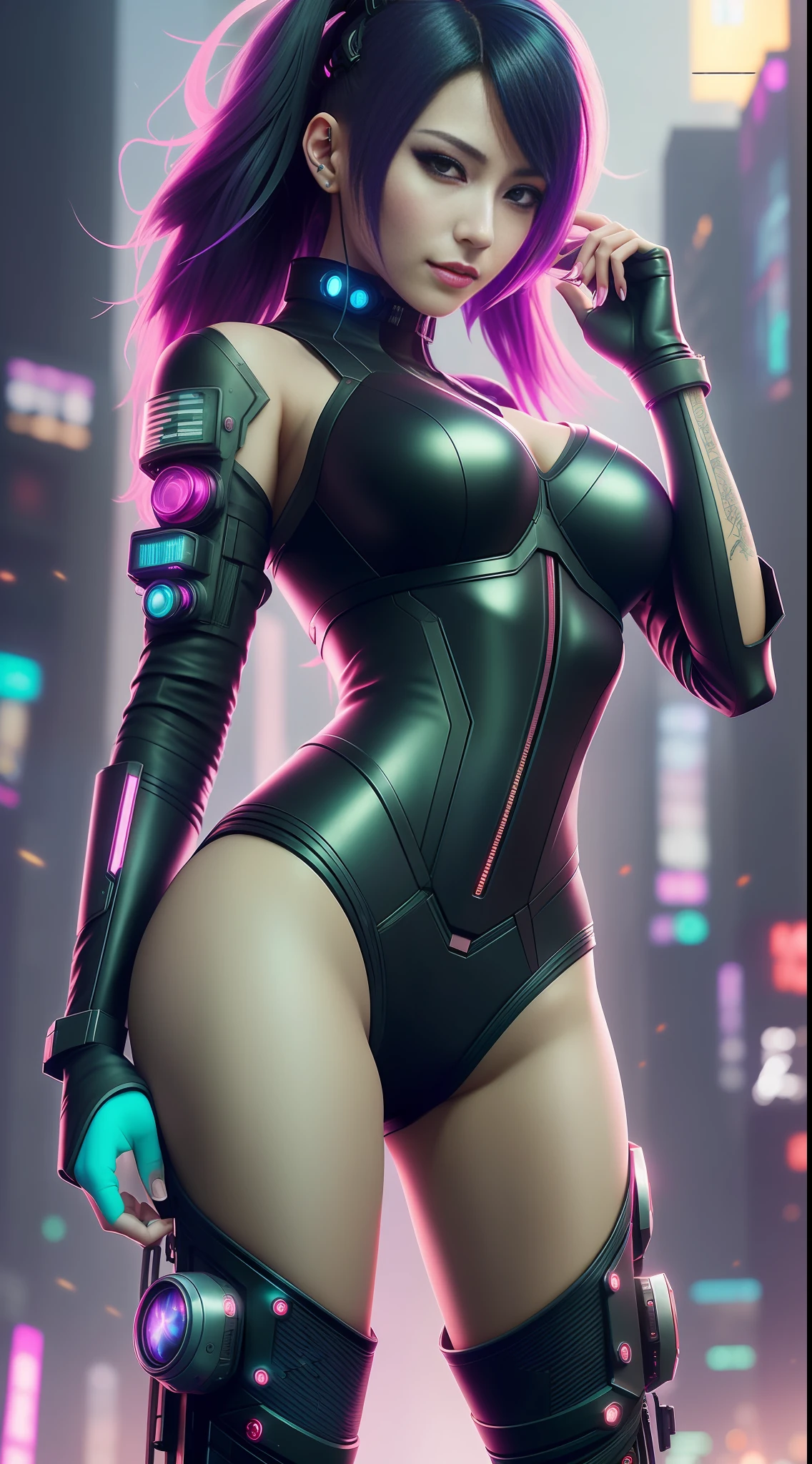 Beautiful hyperrealistic photograph of cute smiling asian cyberpunk female, shapeless cyberpunk hair, arafed woman in a black and white outfit holding a gun, oppai cyberpunk, female cyberpunk anime girl, cyberpunk anime girl, cyberpunk girl, cyberpunk 2 0 y. o model girl, in cyberpunk city, cyberpunk beautiful girl, cyberpunk angry gorgeous goddess, cyberpunk bodysuit, seductive cyberpunk dark fantasy, hyper-realistic cyberpunk style, beautiful cyberpunk woman model, cyberpunk woman, (((dynamic pose))), elegant pose, cyberpunk street background, abstract beauty, near perfection, pure form, Golden Ratio, minimalism, concept art, By Brian Froud and Carne Griffiths and Wadim Kashin, intricate detail, 8k post-production, High resolution, super Detail, trending on ArtStation, sharp focus, studio photos, intricate detail, Very detailed, By Greg Rutkowski