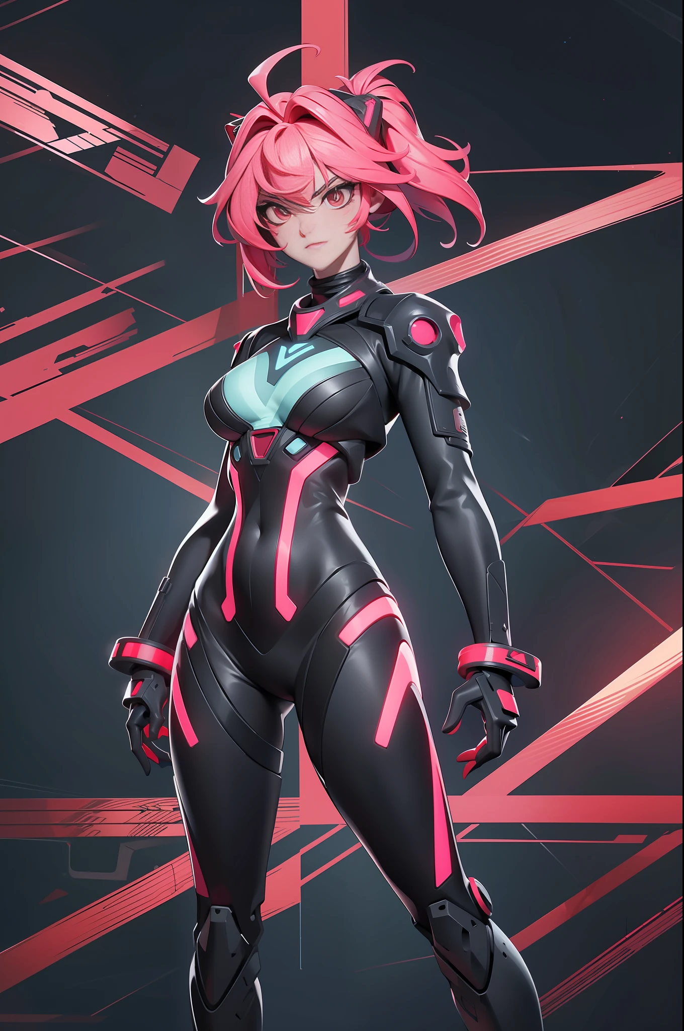 full body picture Unreal Engine 5 8K UHD of beautiful women, carmine bob hair style, wearing evangelion black plug suit, half face cyberpunk mask, futuristic neck collar, scarlet neon light details, best quality, masterpiece